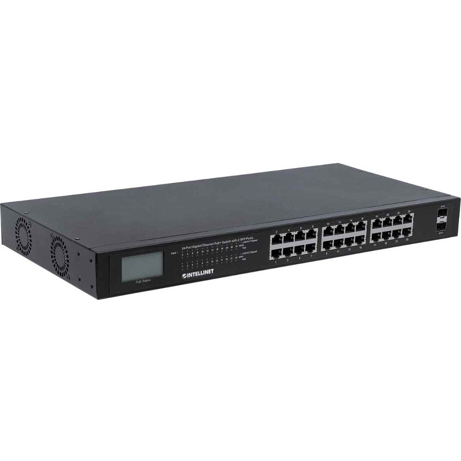 24-Port Gigabit Ethernet PoE+ Switch with 2 SFP Ports, LCD Display, IEEE 802.3at/af Power over Ethernet (PoE+/PoE) Compliant, 370 W, Endspan, 19" Rackmount