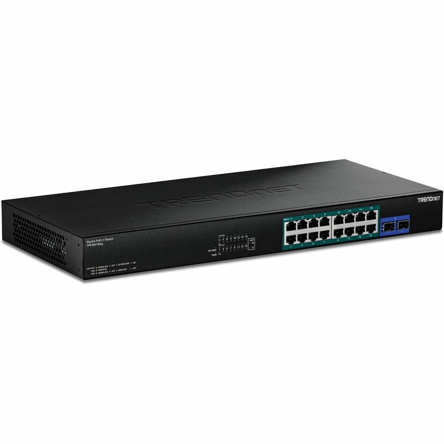 TRENDnet TPE-BG182g, 18-Port Gigabit 4PPoE Switch with 8 x 95W Gigabit 4PPoE ports, 8 x 30W Gigabit PoE+ Ports, 2 Gigabit SFP Slots,470W PoE Budget, 1U 19˘ Rack Mountable