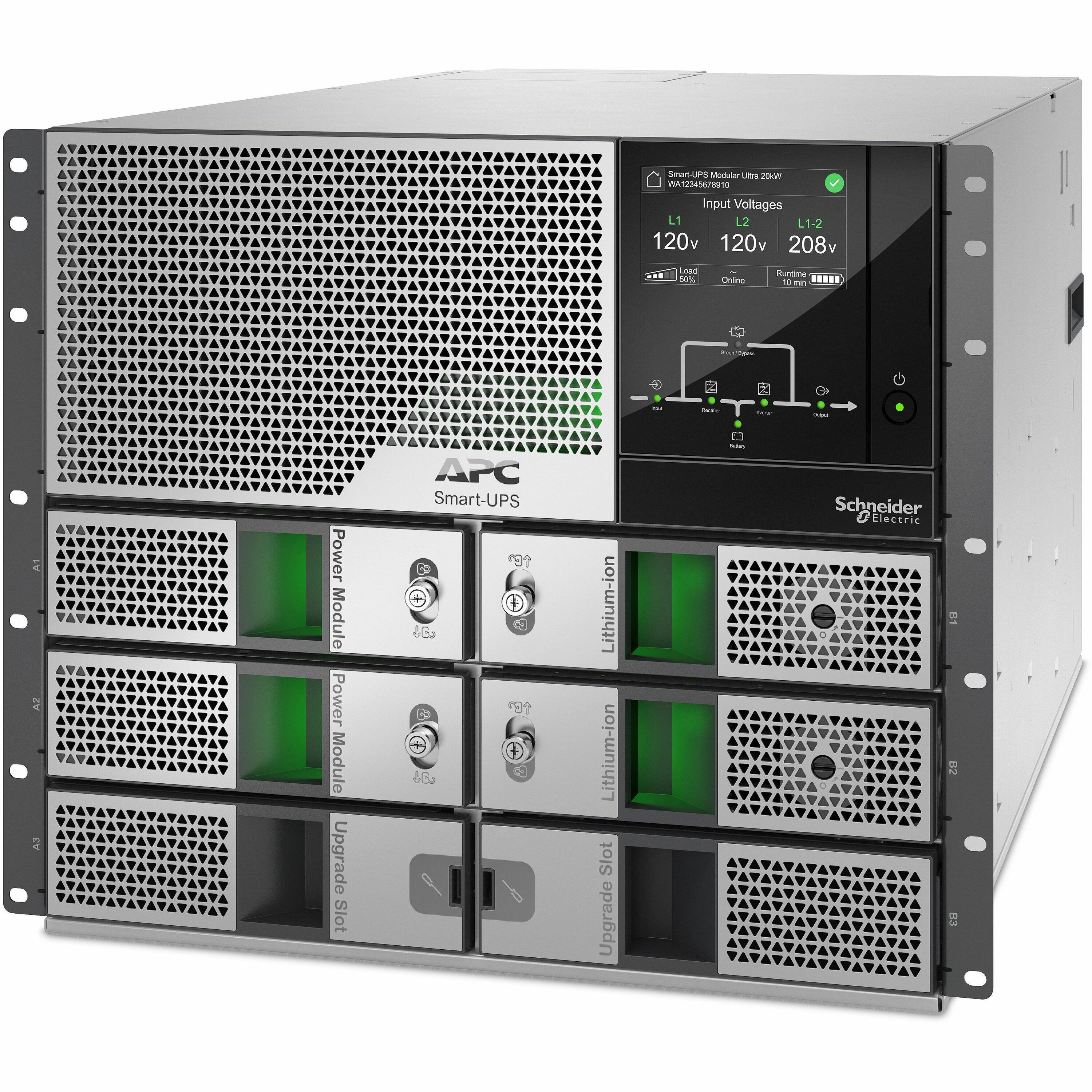 APC Smart-UPS Modular Ultra, On-Line, 10kW scalable to 20kW N+1, Lithium-ion, Rackmount 9U, 208/240V, Network Management, Extended runtime, W/rail kit