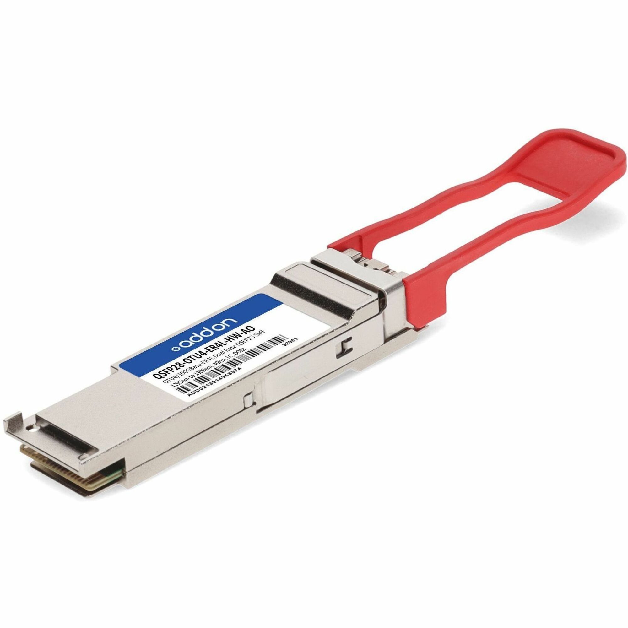AddOn Huawei® Compatible TAA Compliant OTU-4-ER4L 100GbE Dual-Rate QSFP28 Transceiver (SMF, 1295nm to 1309nm, 40km w/host FEC, LC, DOM)