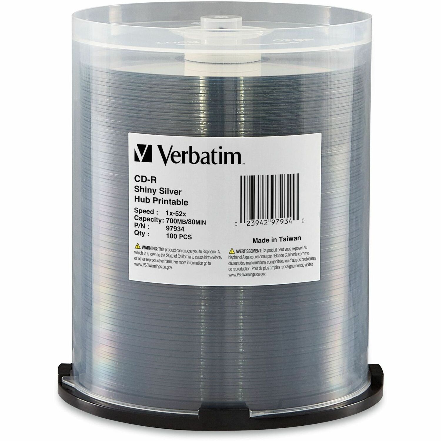 Verbatim CD-R 700MB 52X Shiny Silver Silk Screen Printable, Hub Printable - 100pk Spindle