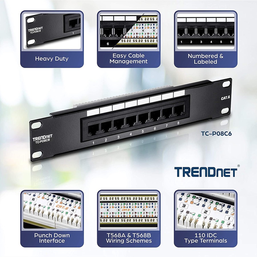 TRENDnet 8-Port Cat6 Unshielded Patch Panel, TC-P08C6, Rackmount, 10 Inch Wide, 8 x Gigabit RJ-45 Ethernet Ports, Pre-numbered Ports, 250 Mhz Connection, Color Coded Labeling, 110 IDC Terminal Blocks