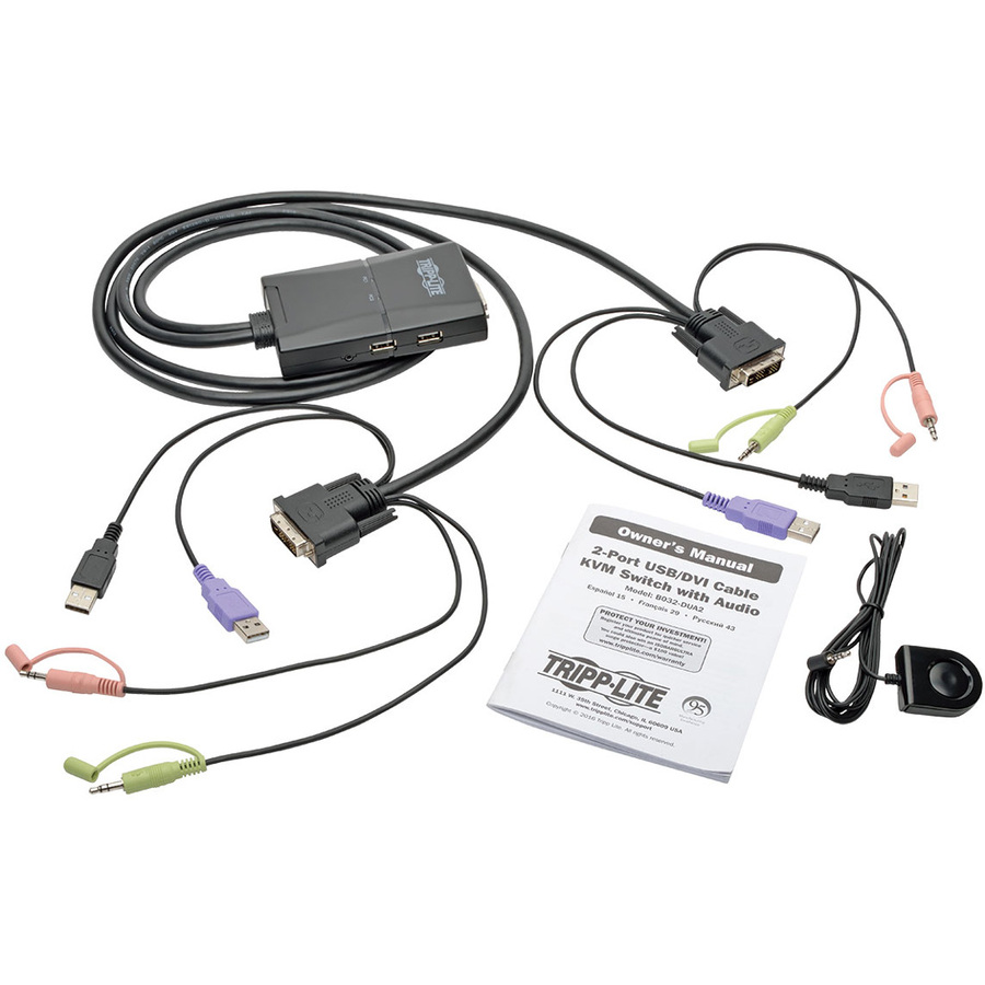 Tripp Lite by Eaton 2-Port USB/DVI Cable KVM Switch with Audio, Cables and USB Peripheral Sharing