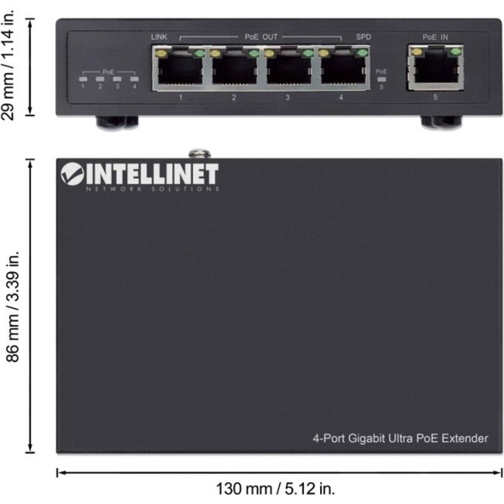 Intellinet 4-Port Gigabit Ultra PoE Extender, Adds up to 100 m (328 ft.) to PoE Range, 90 W PoE Power Budget, Four PSE Ports with up to 30 W Output, IEEE 802.3bt/at/af Compliant, Metal Housing