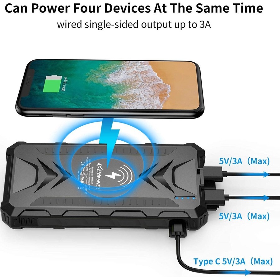 4XEM 20,000 maH Mobile Solar Power Bank and Charger (Black)