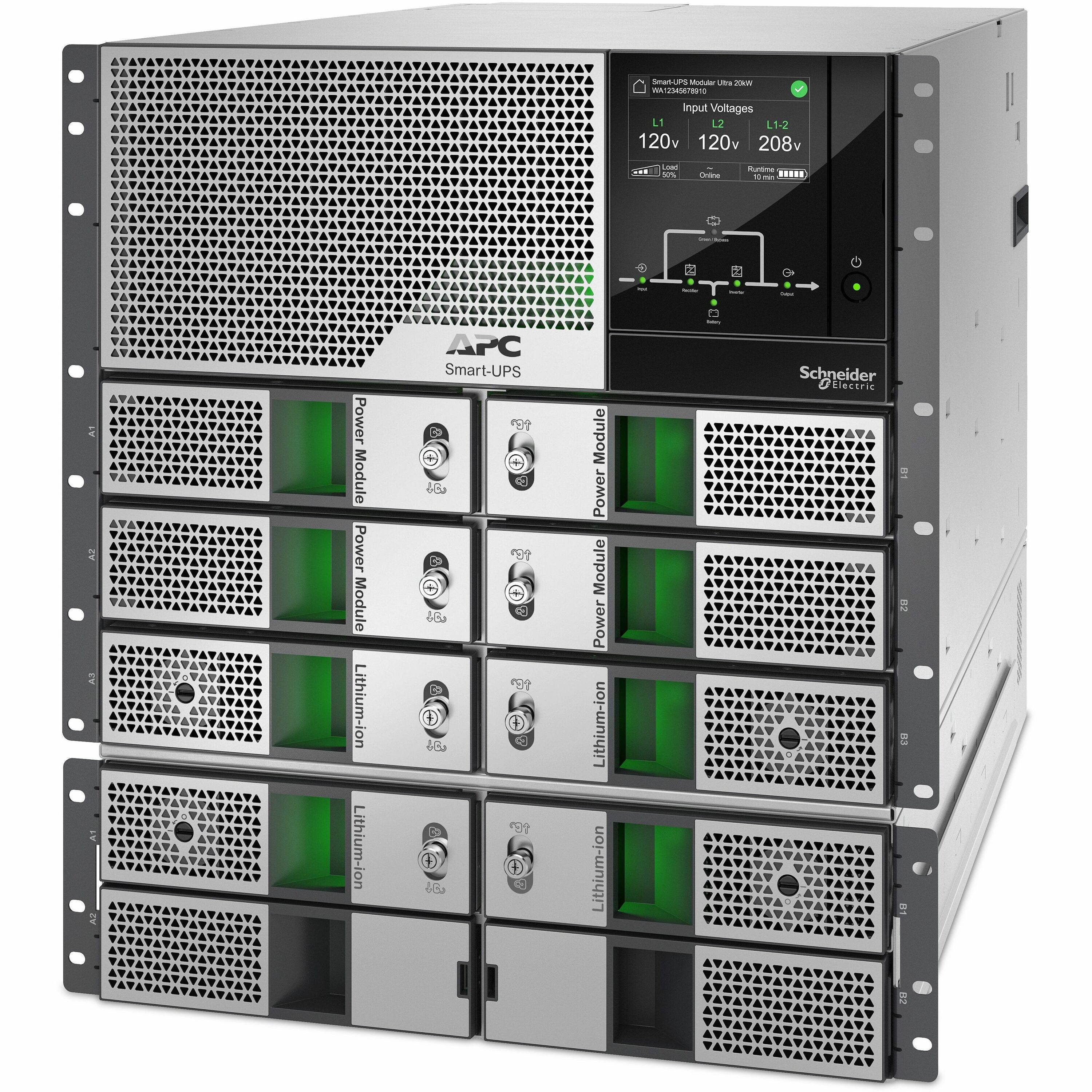 APC Smart-UPS Modular Ultra, On-Line, 20kW scalable to 20kW N+1, Lithium-ion, Rackmount 12U, 208/240V, Network Management, w/ External battery chassis
