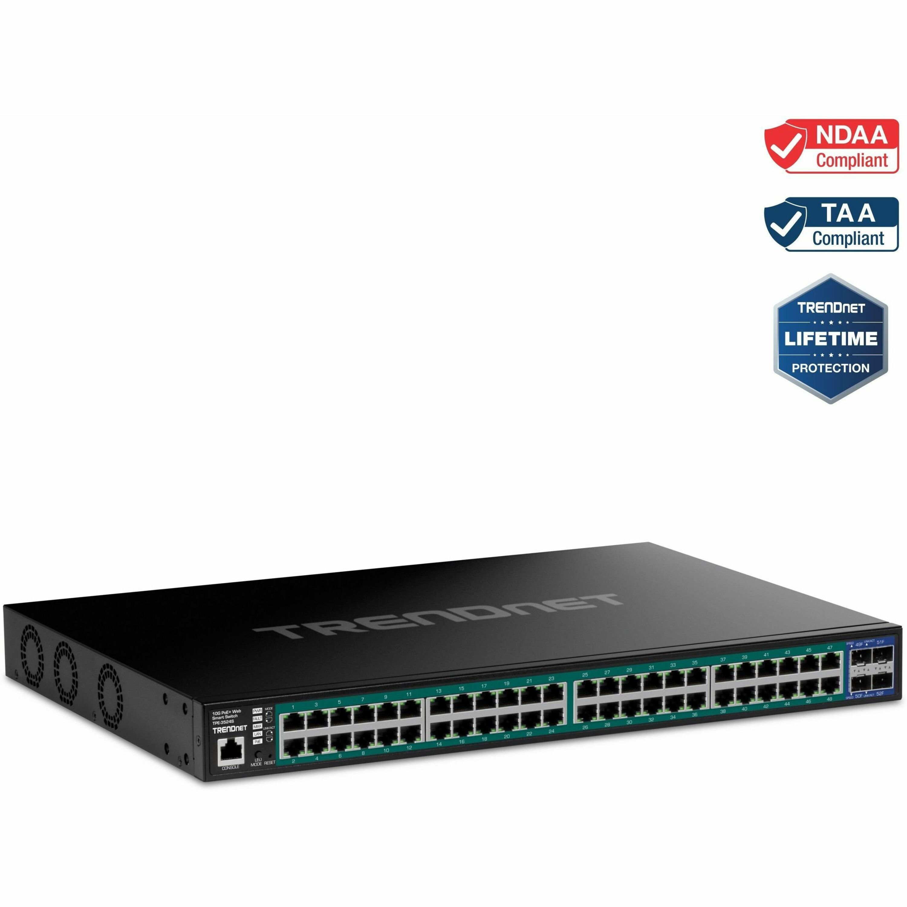 TRENDnet 52-Port Gigabit Web Smart PoE+ Switch with 10G SFP+ Ports, TPE-3524S, 48 x Gigabit PoE+ Ports, 4 x 10G SFP+ Ports, 410W PoE Power Budget, Lifetime Protection, Black