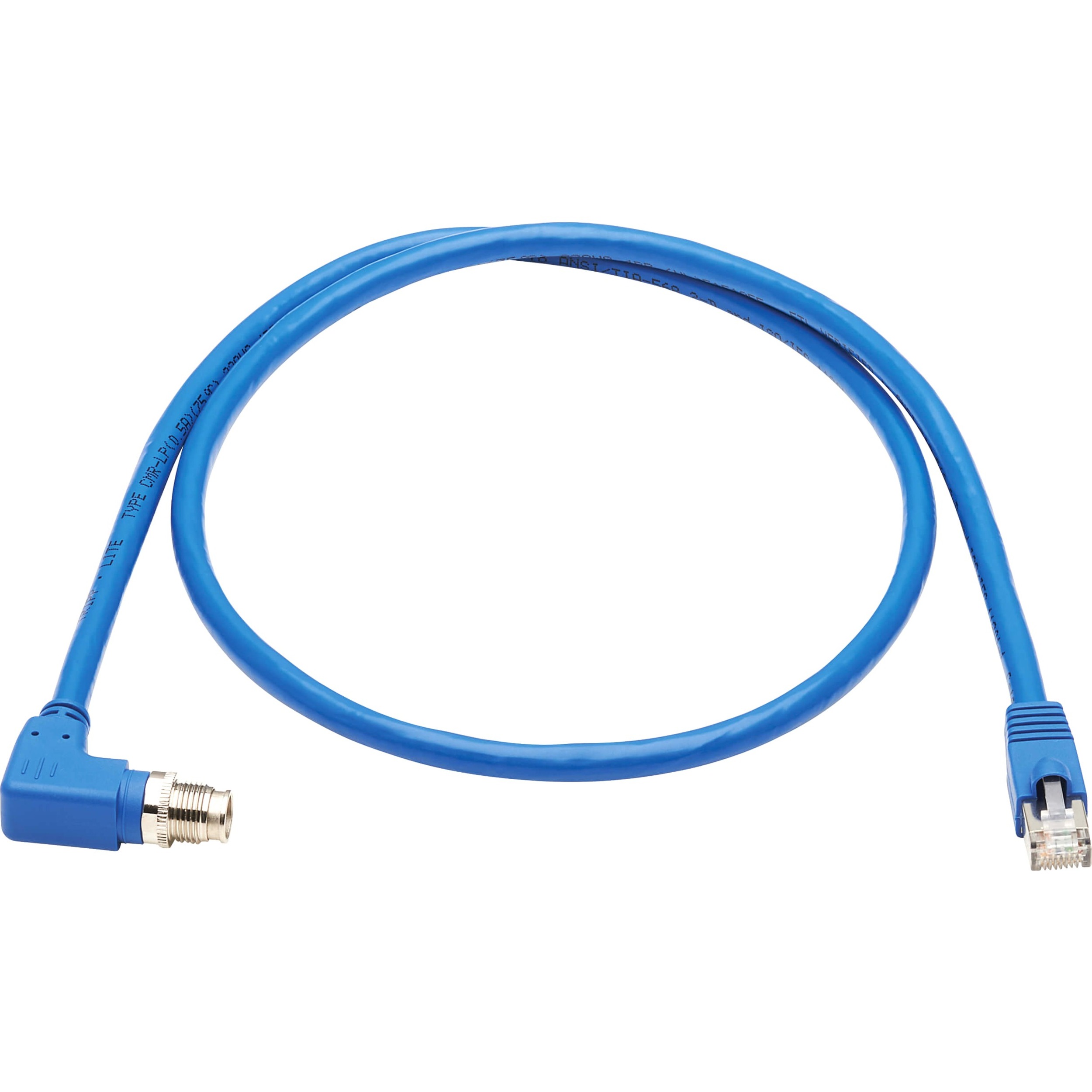Eaton Tripp Lite Series M12 X-Code Cat6a 10G F/UTP CMR-LP Shielded Ethernet Cable (Right-Angle M12 M/RJ45 M), IP68, PoE, Blue, 1 m (3.3 ft.), TAA