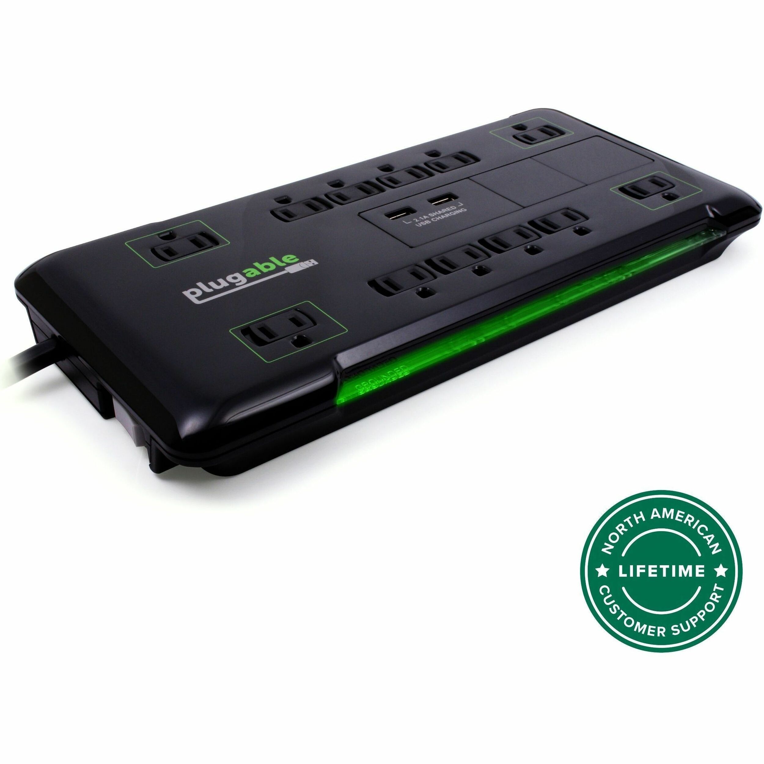 Plugable 12 Outlet Power Strip 4320 Joules Surge Protection, Built-in 10.5W 2-Port USB Charger for Android and Apple Phones, Mobile Devices, 6 Foot Cord