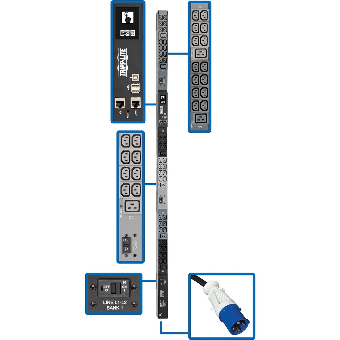 Tripp Lite by Eaton PDU 14.5kW 200-240V 3PH Monitored PDU - LX Interface Gigabit 48 Outlets IEC 309 60A Blue Input LCD 3 m Cord 0U 1.8 m Height TAA