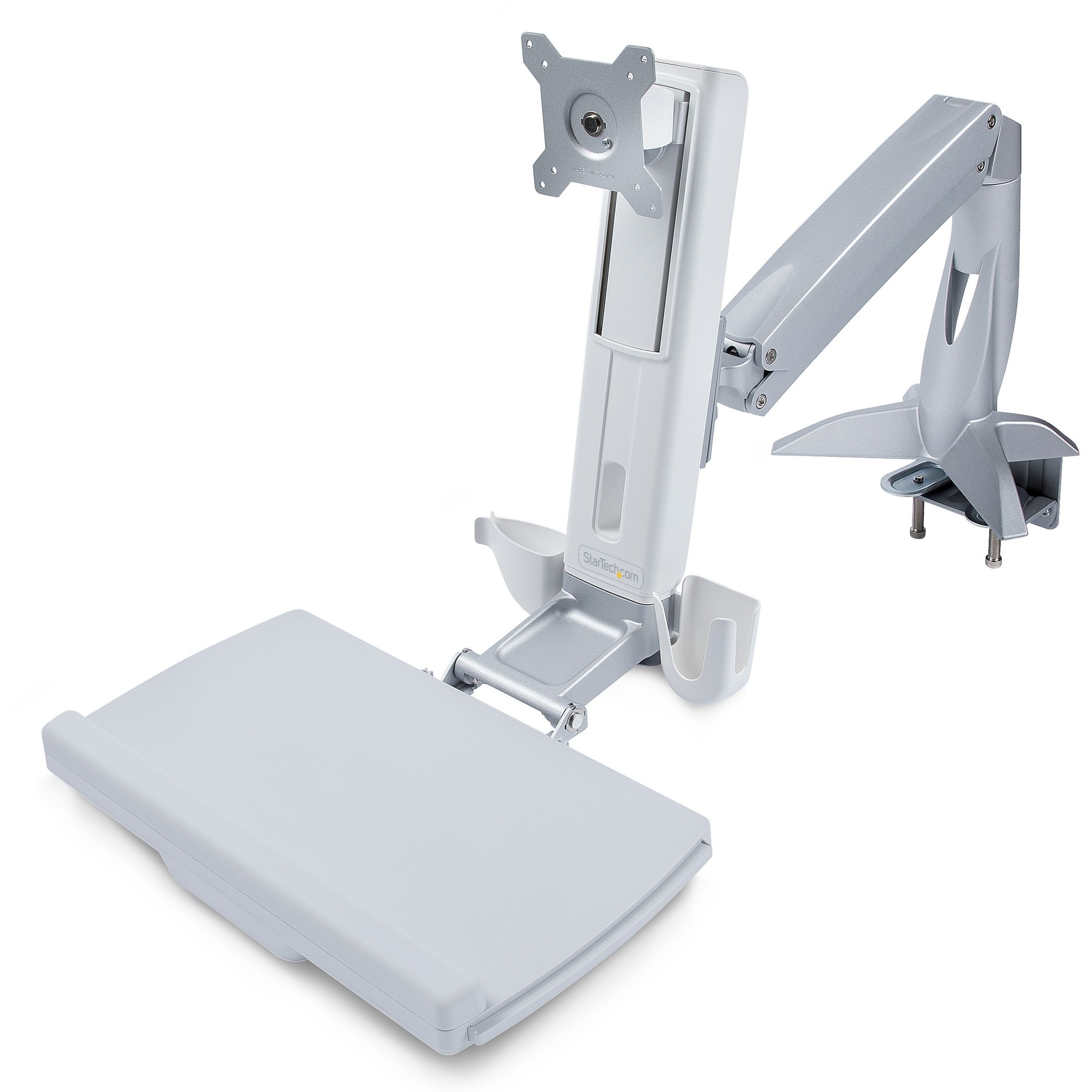 StarTech Sit-Stand Monitor Arm, Keyboard Tray, Desk Mount Sit-Stand Workstation up to 27in VESA Display, Standing Desk Converter, TAA