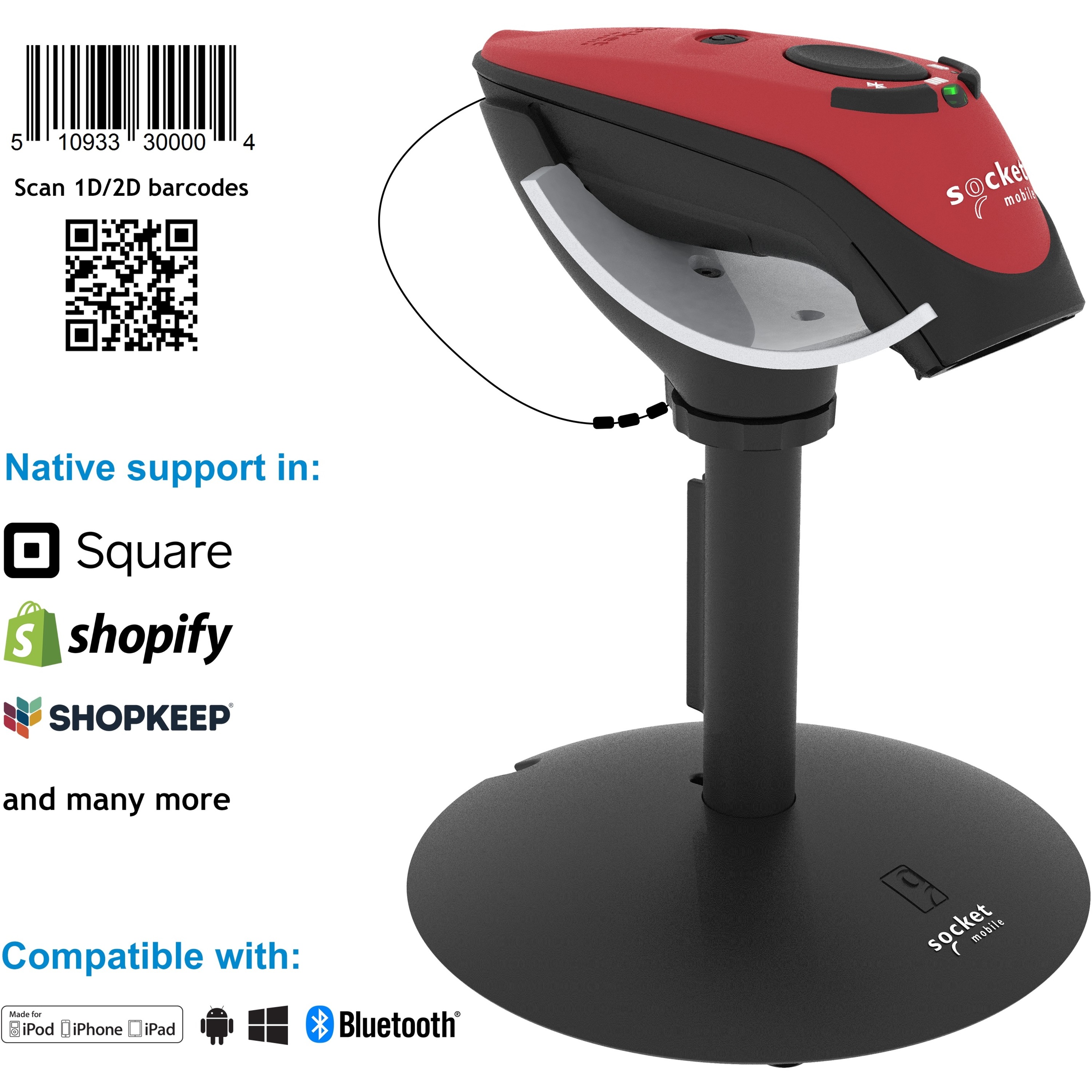 Socket Mobile DuraScan® D750, Universal Plus Barcode Scanner, Red & Charging Stand