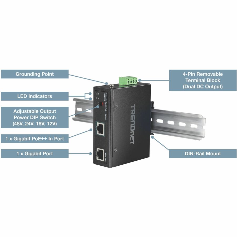 TRENDnet Industrial Gigabit PoE++ Splitter, TI-SG104, Extreme Temperature Range Ready,-40&deg; - 75&deg; C (-40&deg; - 167&deg;F), Power up to 2 Devices with PoE++ up to 100m (328ft.), Black