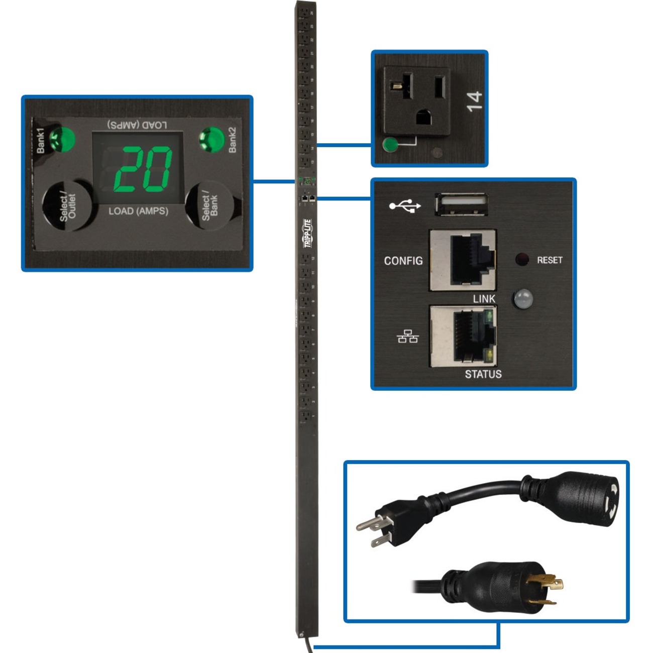 Tripp Lite by Eaton PDU 1.9kW Single-Phase Switched PDU LX Platform Outlet Monitoring 120V Outlets (24 NEMA 5-15/20R) L5-20P Plug 0U TAA