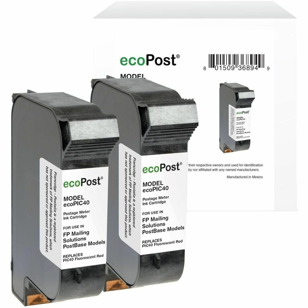 ecoPost Remanufactured Postage Meter Fluorescent Red 2 Pack Ink Cartridge for FP Mailing Solutions PIC40