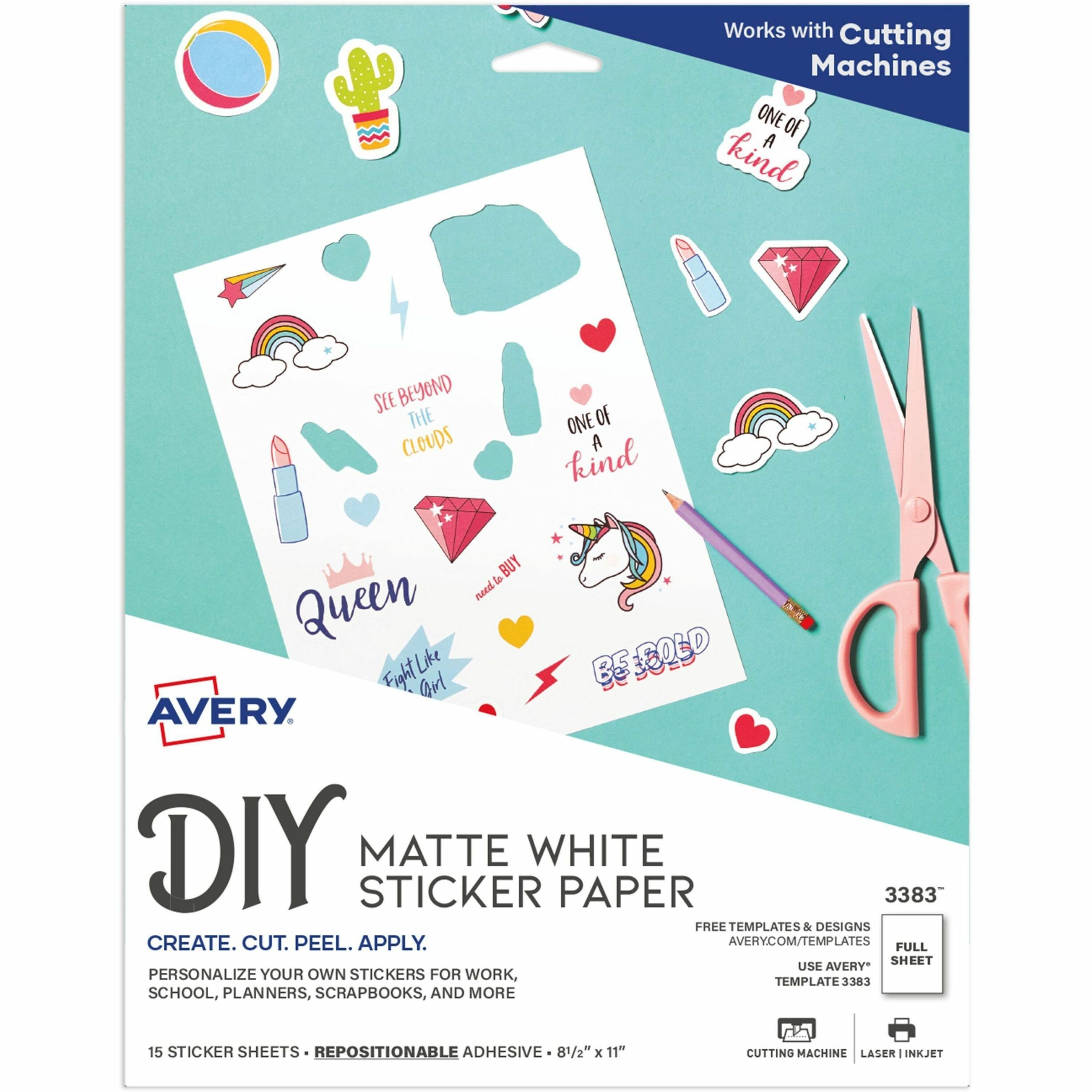 Avery® Sticker Paper, 8.5" x 11" , Matte White, 15 Sheets (3383)
