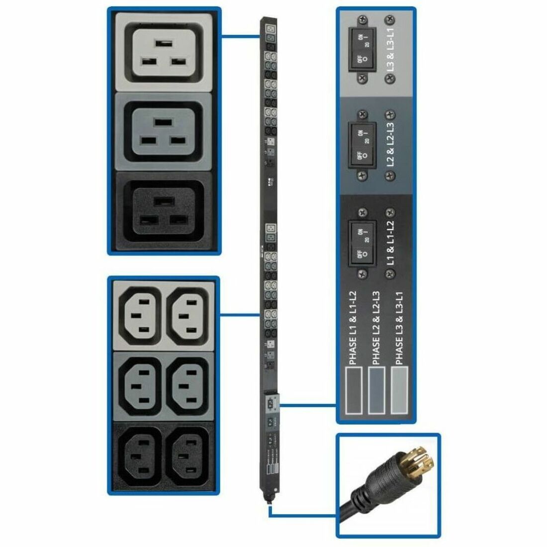 Tripp Lite by Eaton PDU 8.6kW 208/120V Three-Phase Basic PDU - 48 Outlets (36 C13 6 C19 6 5-15/20R) L21-30P Input 6 ft. Cord 70 in. 0U Rack