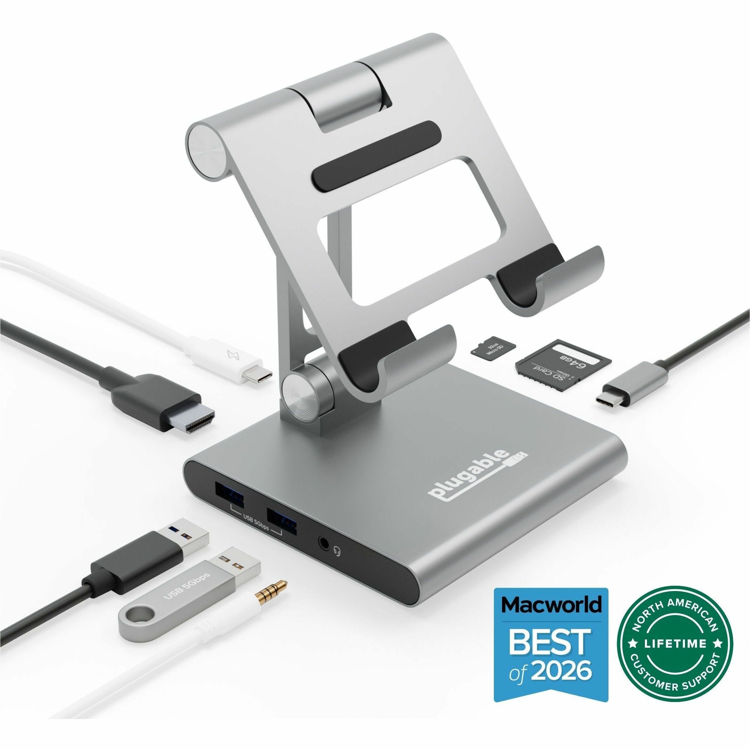 Plugable 8-in-1 USB C Docking Station for iPad with Stand, 100W Pass-through Charging USB-C Hub