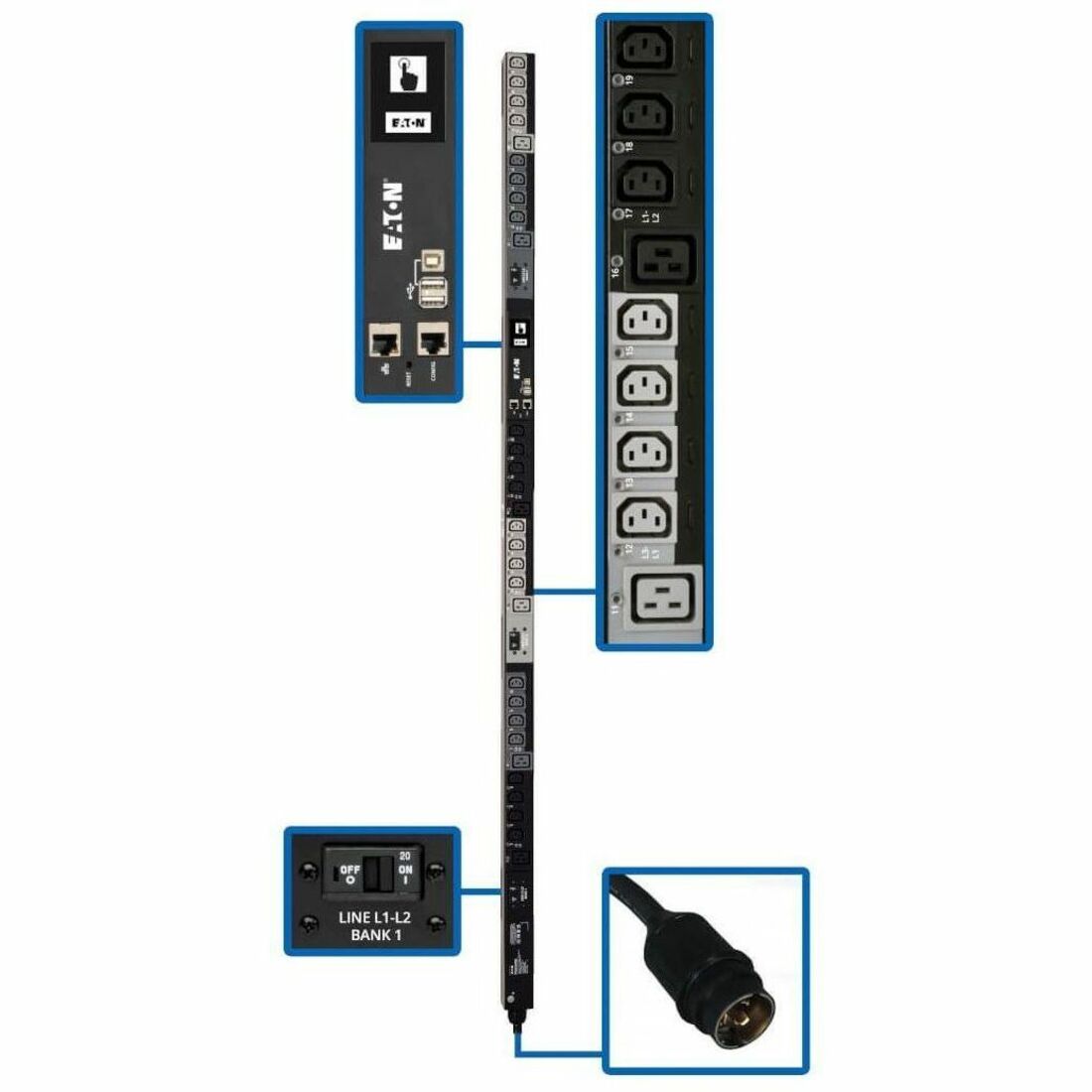 Tripp Lite by Eaton PDU 10kW 200-240V 3PH Switched PDU LX Interface Gigabit 30 Outlets L21-30P Input LCD 1.8 m Cord 0U 1.8 m Height TAA
