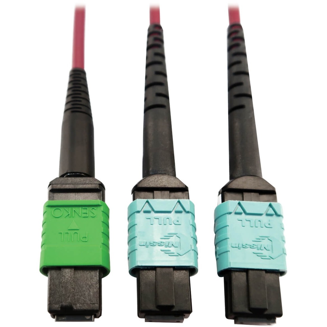 Tripp Lite by Eaton 400G Multimode 50/125 OM4 Plenum Fiber Optic Cable 16F MTP/MPO-APC to (x2) 12F MTP/MPO-UPC (F/F) Magenta 3 m