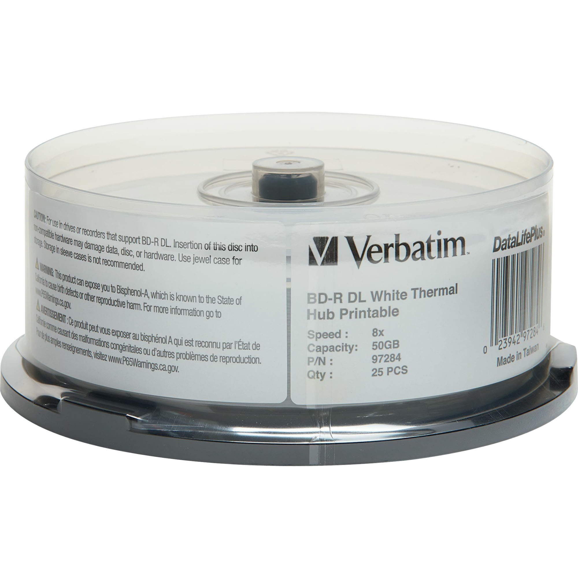 Verbatim BD-R DL 50GB 8X, White Label, DataLife+, White Thermal Hub Printable, Hard Coat, 25PK Spindle