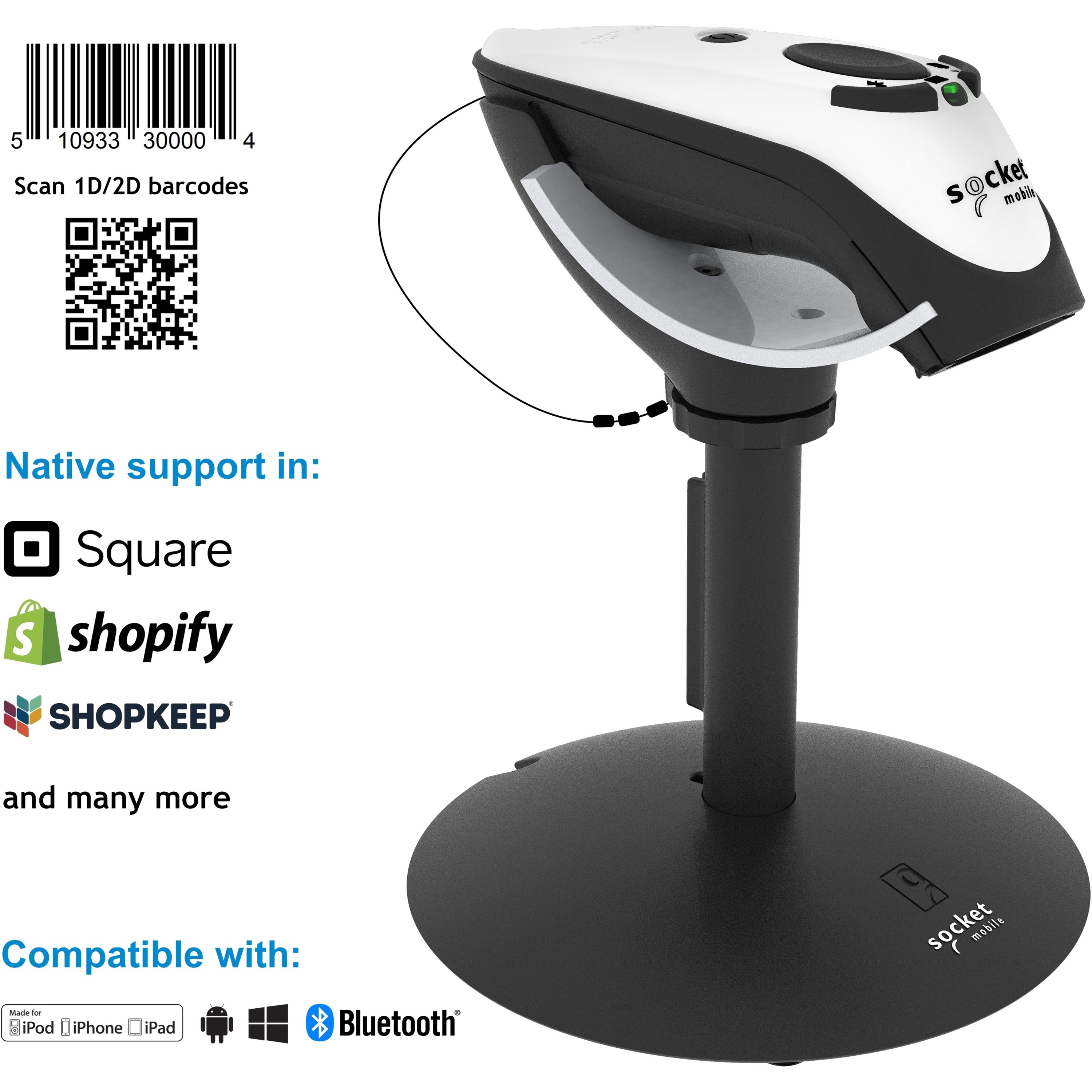 Socket Mobile DuraScan® D750, Universal Plus Barcode Scanner, White & Charging Stand