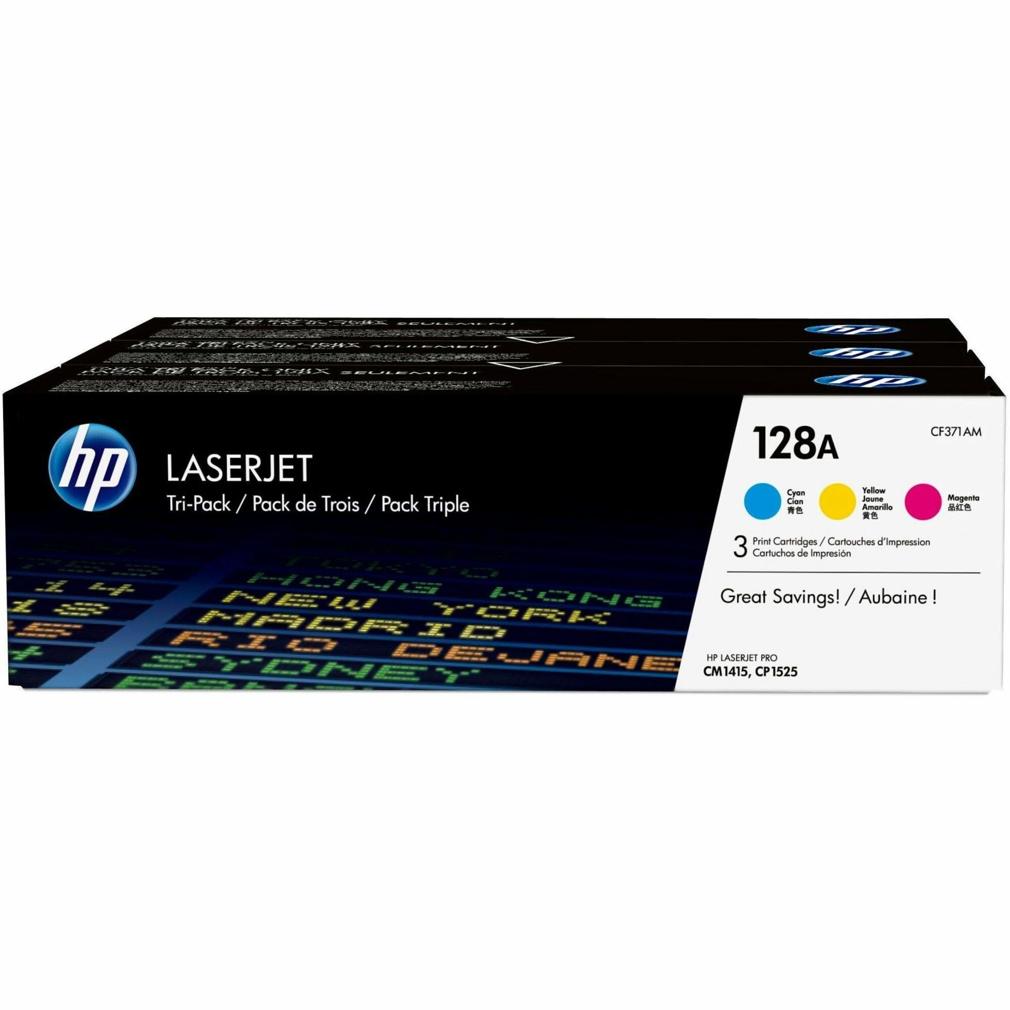 HP 128A (CF371AM) Original Laser Toner Cartridge - Tri-pack - Cyan, Magenta, Yellow - 1 Carton