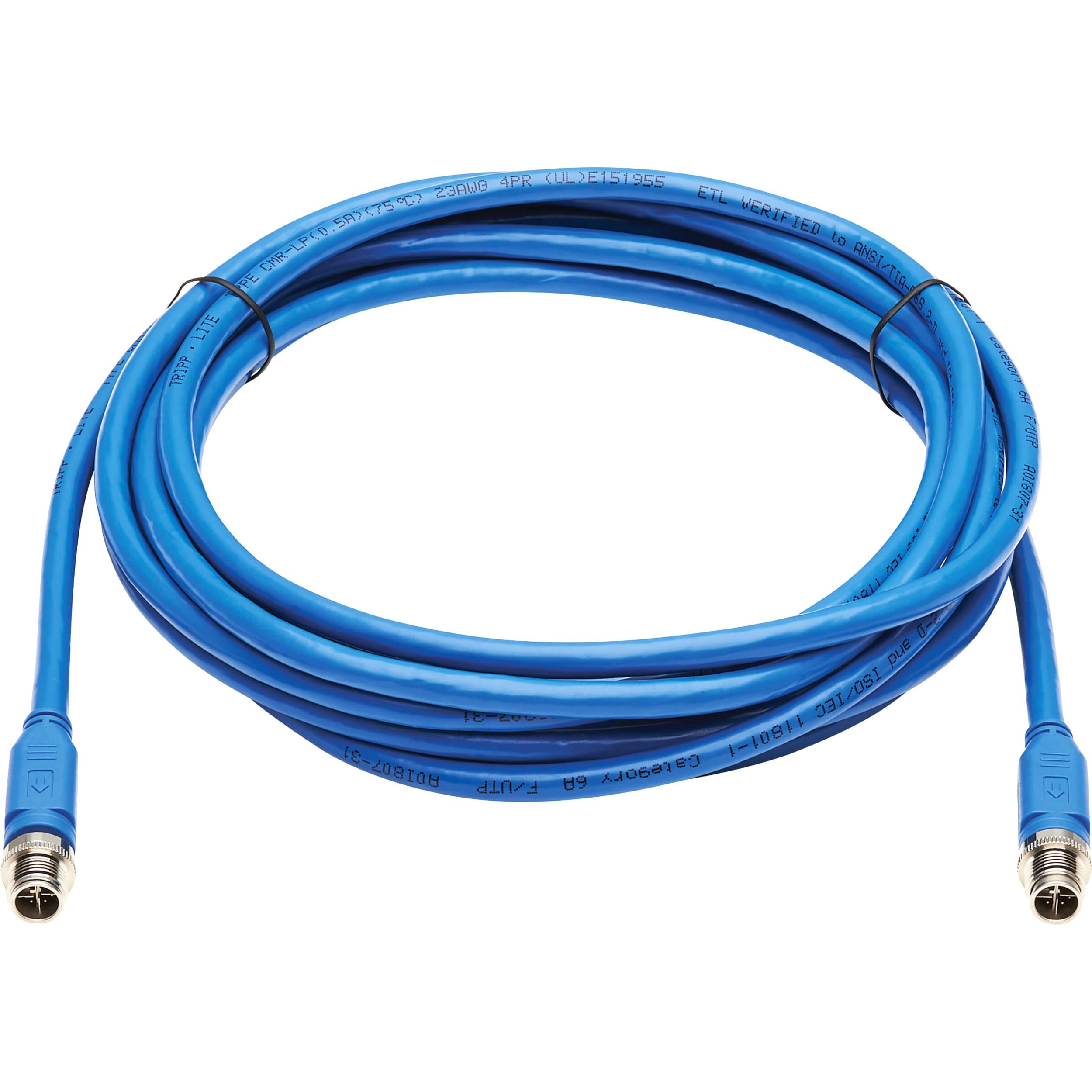 Eaton Tripp Lite Series M12 X-Code Cat6a 10G F/UTP CMR-LP Shielded Ethernet Cable (M/M), IP68, PoE, Blue, 5 m (16.4 ft.), TAA