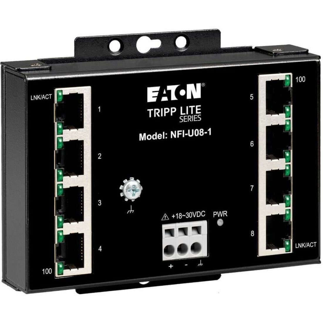 Eaton Tripp Lite Series 8-Port Unmanaged Fast Industrial Ethernet Switch - 10/100 Mbps, Ruggedized, -40° to 75°C, DIN/Wall Mount, TAA
