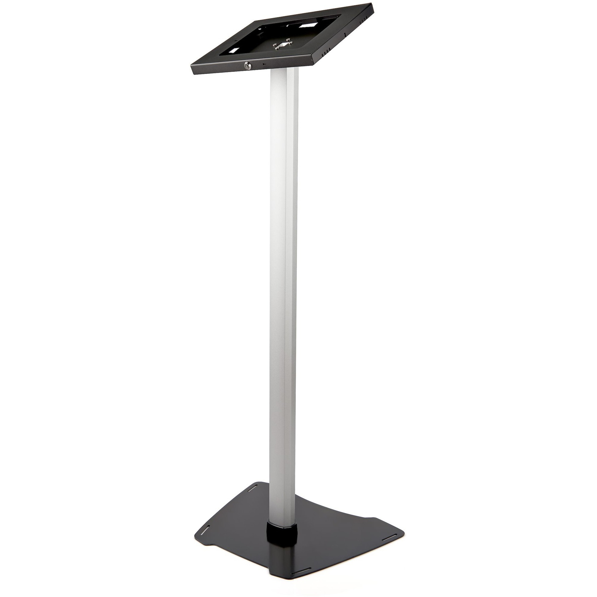 StarTech Secure Tablet Floor Stand - Security lock protects your tablet from theft and tampering - Supports iPad and other 9.7" tablets - Fixed Height of approx. 42" (1060 mm) - Built-in cable management - Covered Home button - TAA compliant - Thread the tablet's charge cable through the pillar-style stand