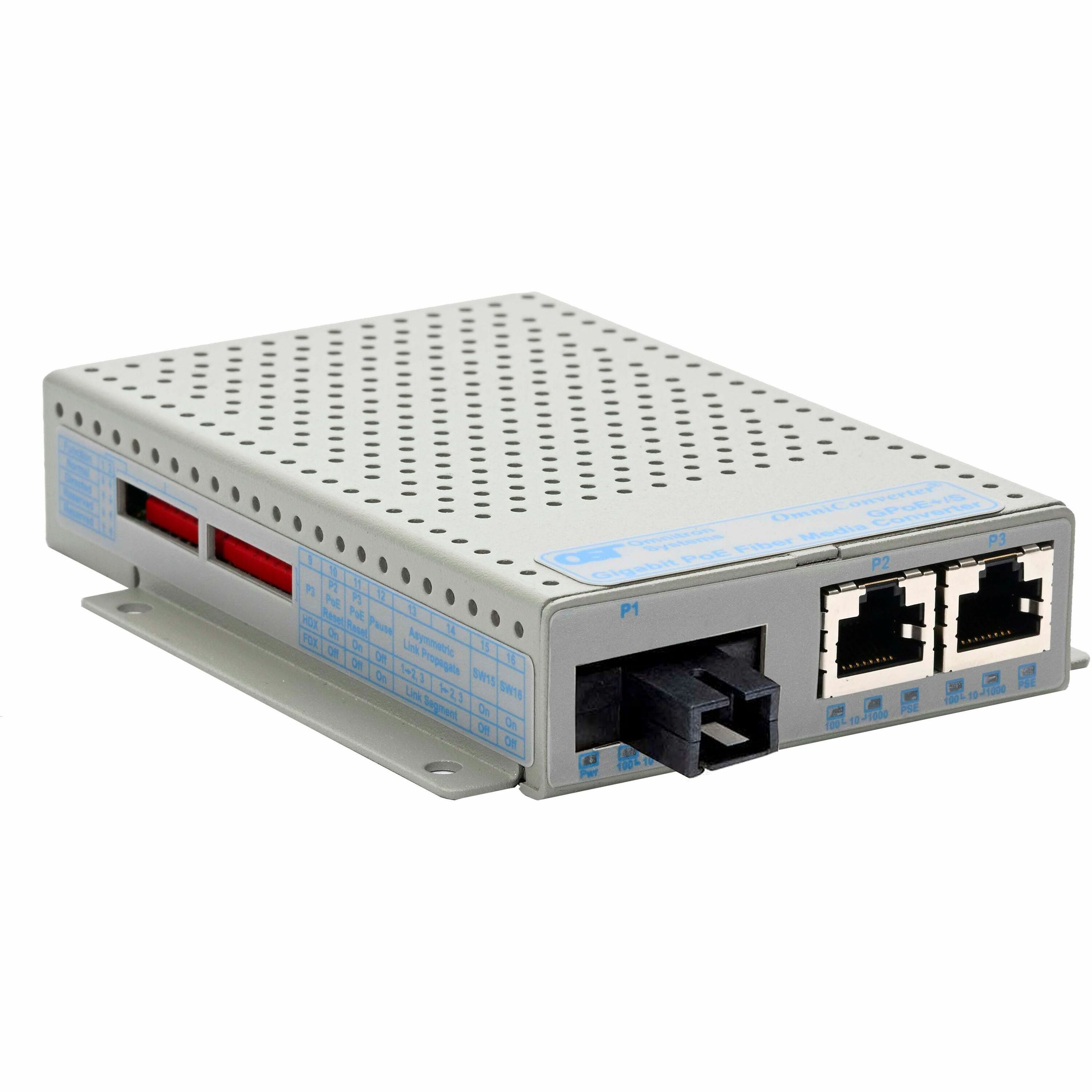 OmniConverter 10/100/1000 PoE+ Gigabit Ethernet Single-Fiber Media Converter Switch RJ45 SC Single-Mode 20km Wide Temp