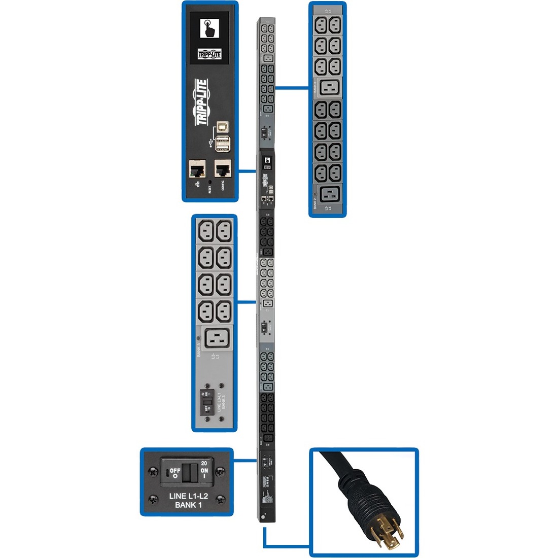 Tripp Lite by Eaton PDU 10kW 200-240V 3PH Monitored PDU - LX Interface Gigabit 48 Outlets L21-30P Input LCD 1.8 m Cord 0U 1.8 m Height TAA