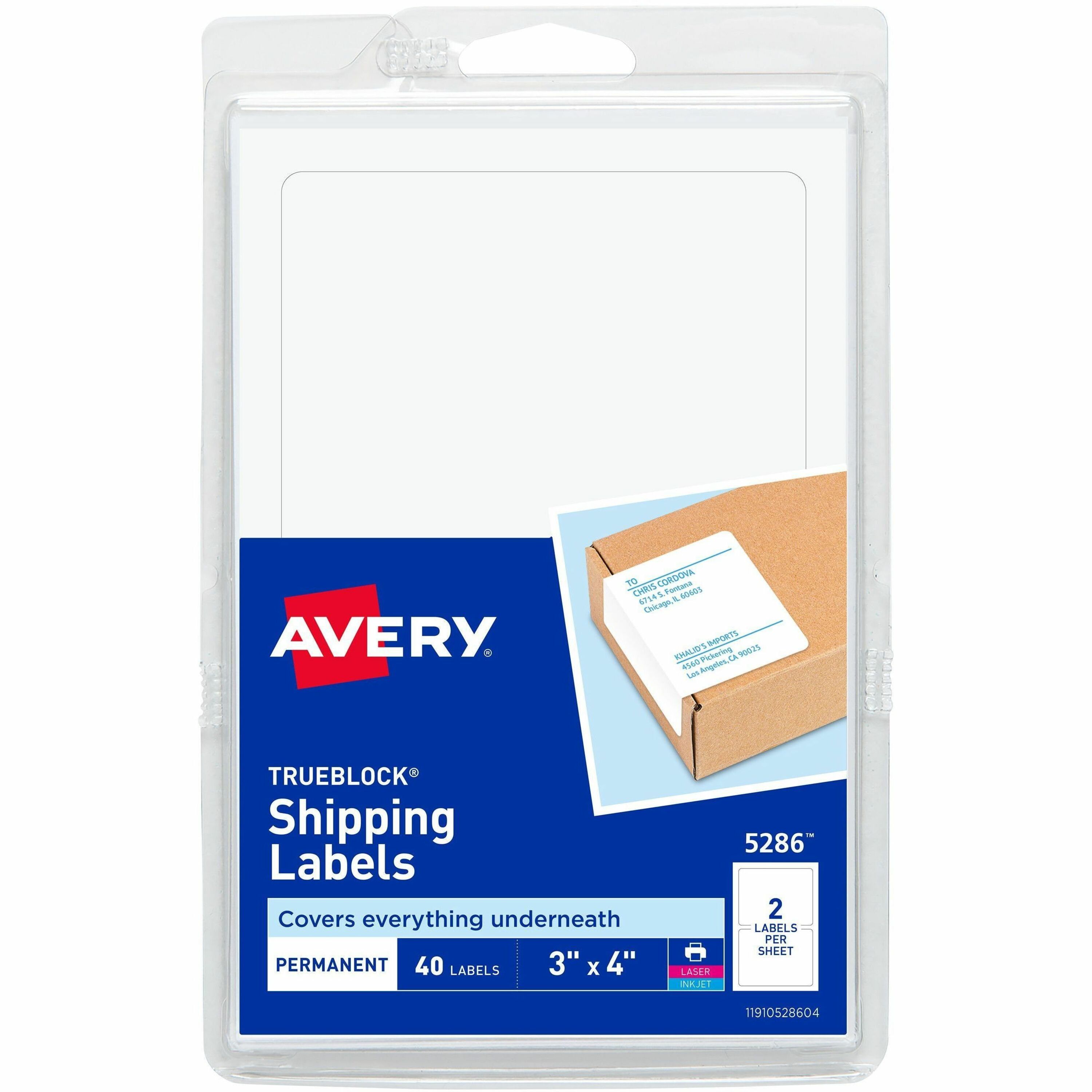 Avery® Shipping Labels, TrueBlock® Technology Permanent Adhesive, 3" x 4" , 40 Labels (5286)
