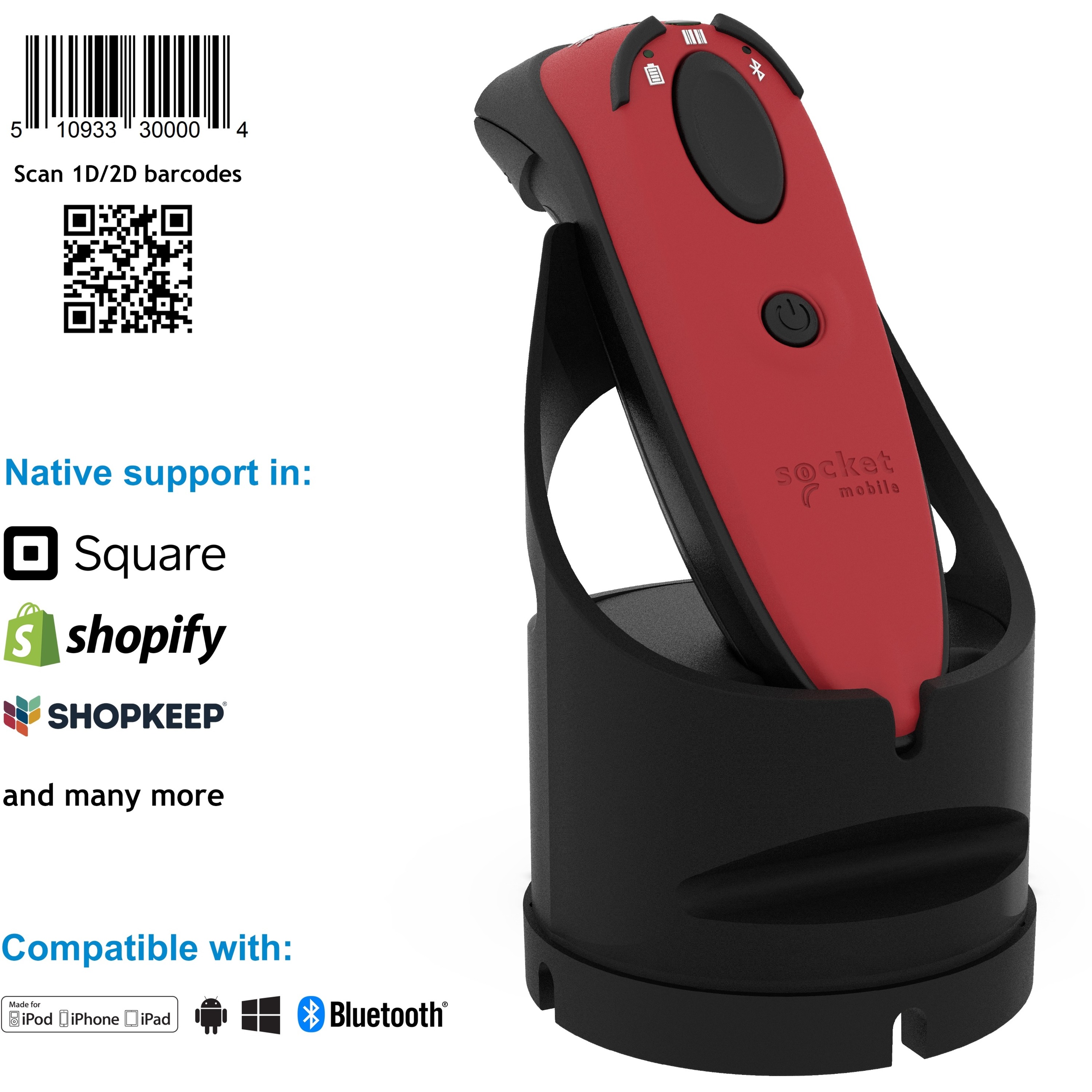 Socket Mobile DuraScan® D750, Universal Plus Barcode Scanner, Red & Charging Dock