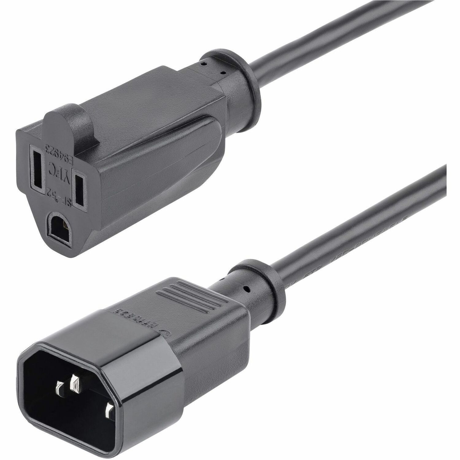 StarTech 1ft (0.3m) Power Extension Cord, IEC C14 to NEMA 5-15R, 10A 125V, 18AWG, Black, Outlet Extension Cable for Network Equipment