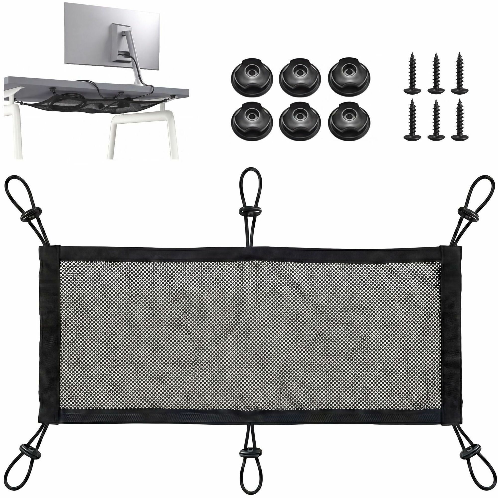 Turonic DM1 Under Desk Cable Management Tray Net Kit Cord Organizer for Desk - Nylon Mesh 50x25 cm, 11 lbs Load, 6-Point Mount, No-Drill 3M Adhesive or Screw Install