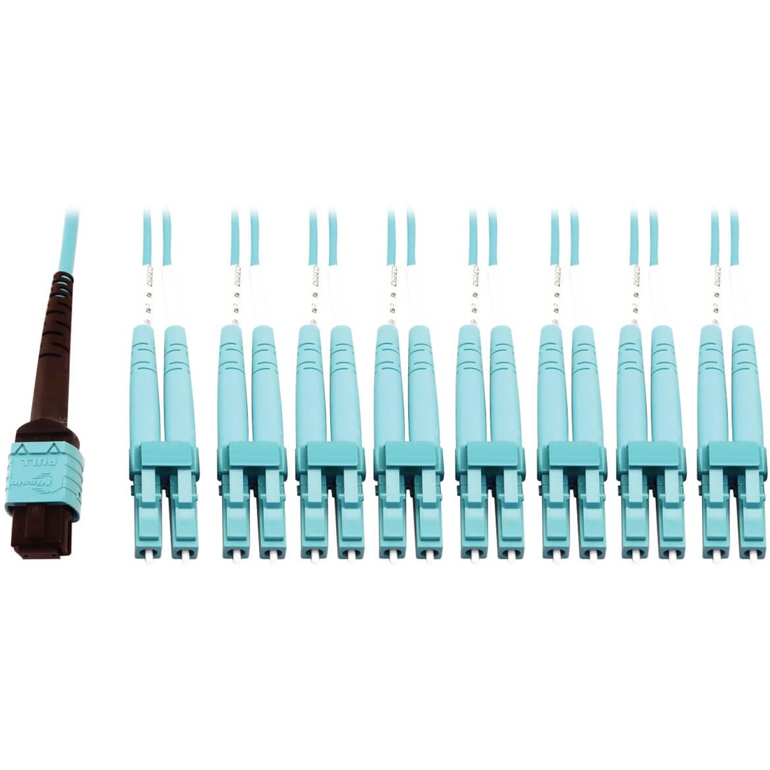 Eaton Tripp Lite Series 400G Multimode 50/125 OM4 Plenum Fiber Optic Breakout Cable, 24F MTP/MPO-PC to (x4) LC Duplex (F/M), Aqua, 5 m