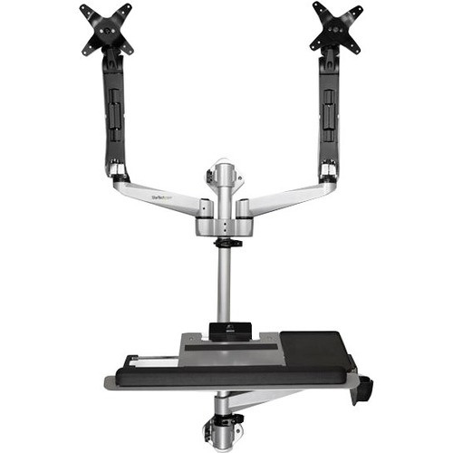 StarTech Wall Mount Workstation - Foldable Ergonomic Standing Desk - Height Adjustable Dual 30" VESA Monitor Arm & Keyboard/Mouse Tray