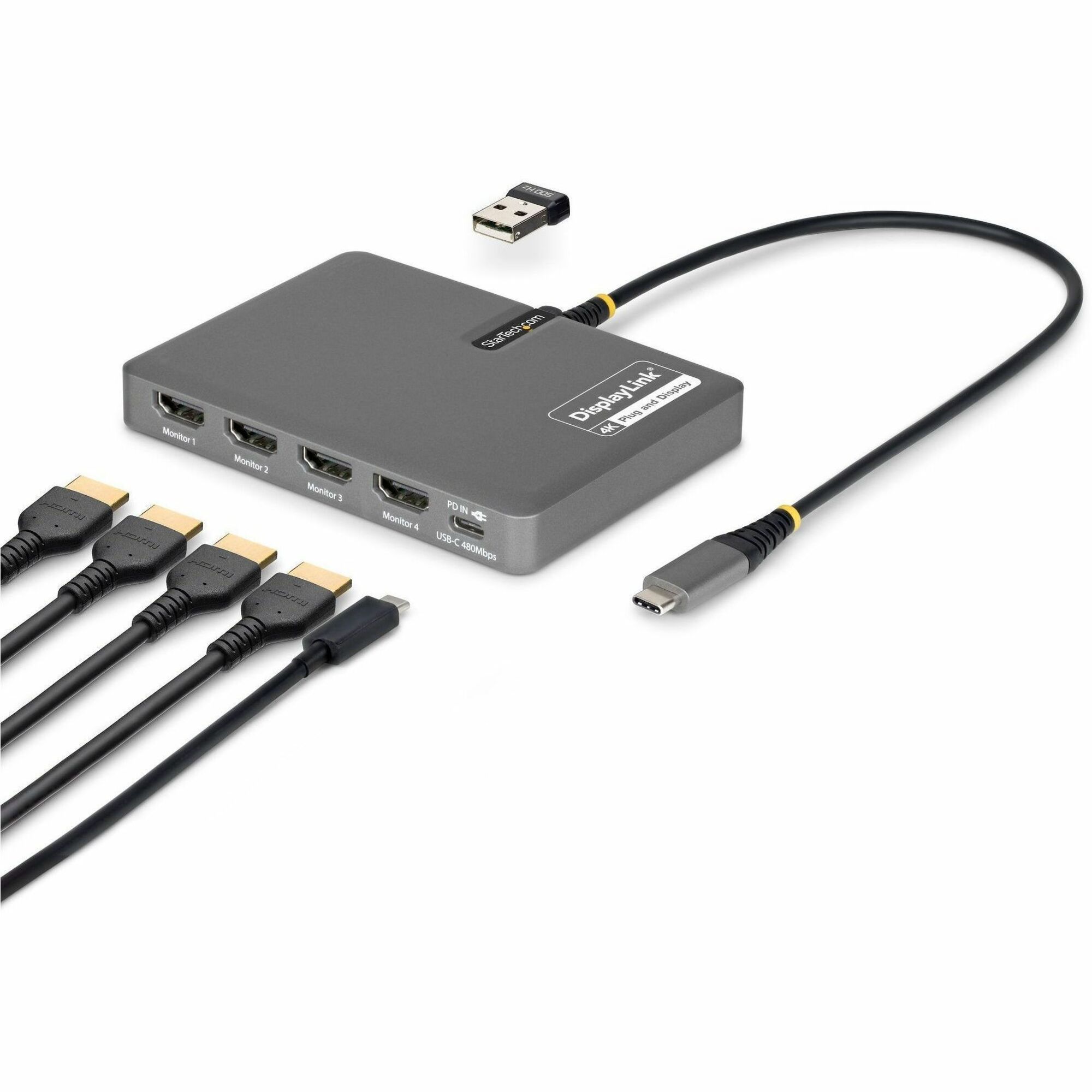 StarTech USB-C to Quad-Monitor Workstation Adapter, 4K 60Hz HDMI, 140W PD Passthrough for Laptop Charging, 1x USB 2.0 Port, TAA