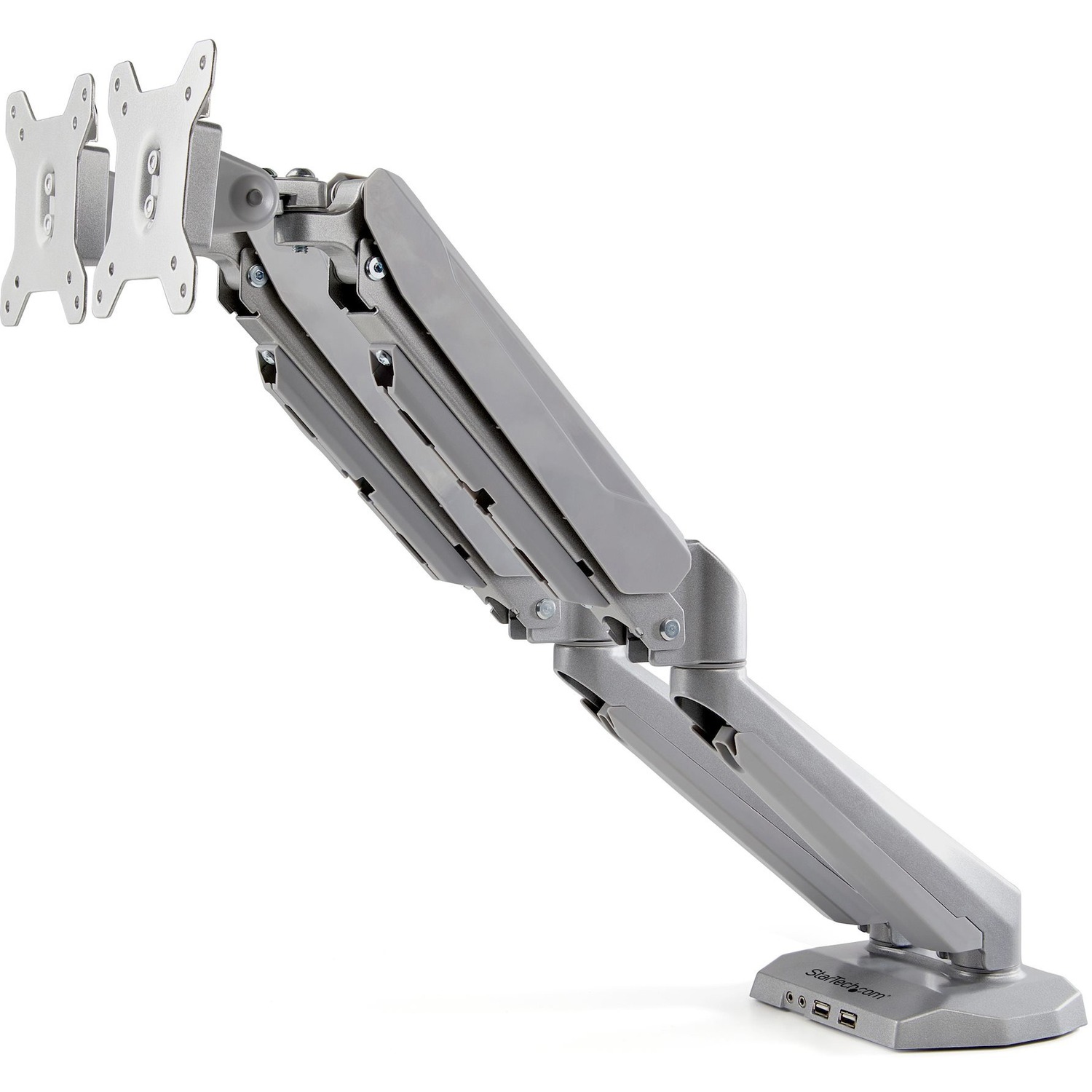 StarTech Desk Mount Dual Monitor Arm with USB & Audio, Desk Clamp Ergonomic VESA Mount for up to 32" (17.6lb/8kg) Displays, Silver