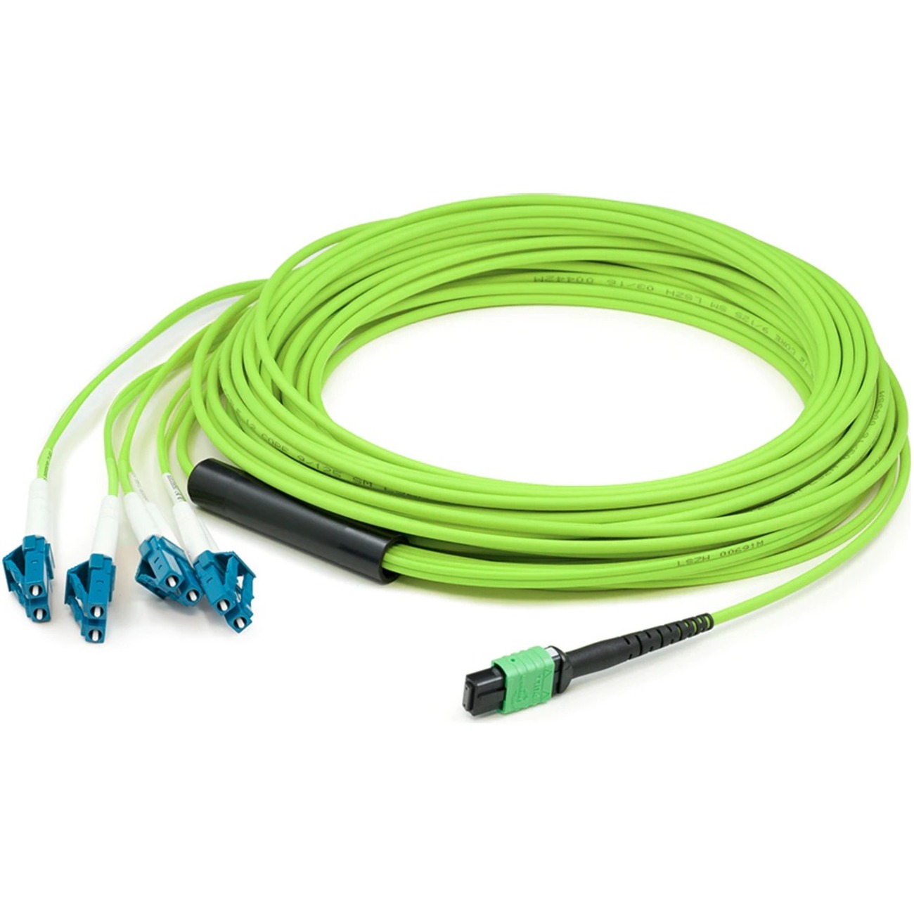 AddOn 8m MPO/UPC to 4xLC/UPC Duplex Lime Green OM5 OFNR (Riser-Rated) 12-Strand Fiber Fanout Cable