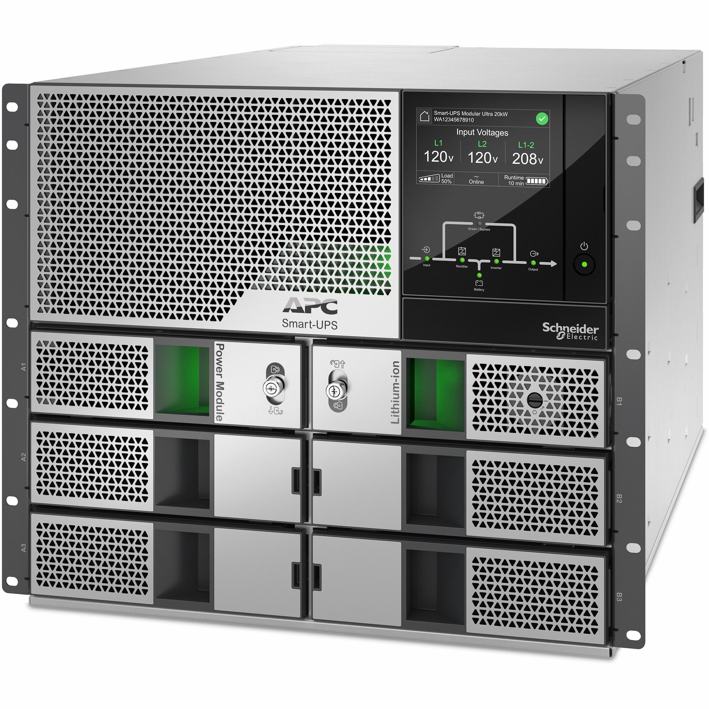 APC Smart-UPS Modular Ultra, On-Line, 5kW scalable to 20kW N+1, Lithium-ion, Rackmount 9U, 208/240V, Network Management, Extended runtime, W/rail kit