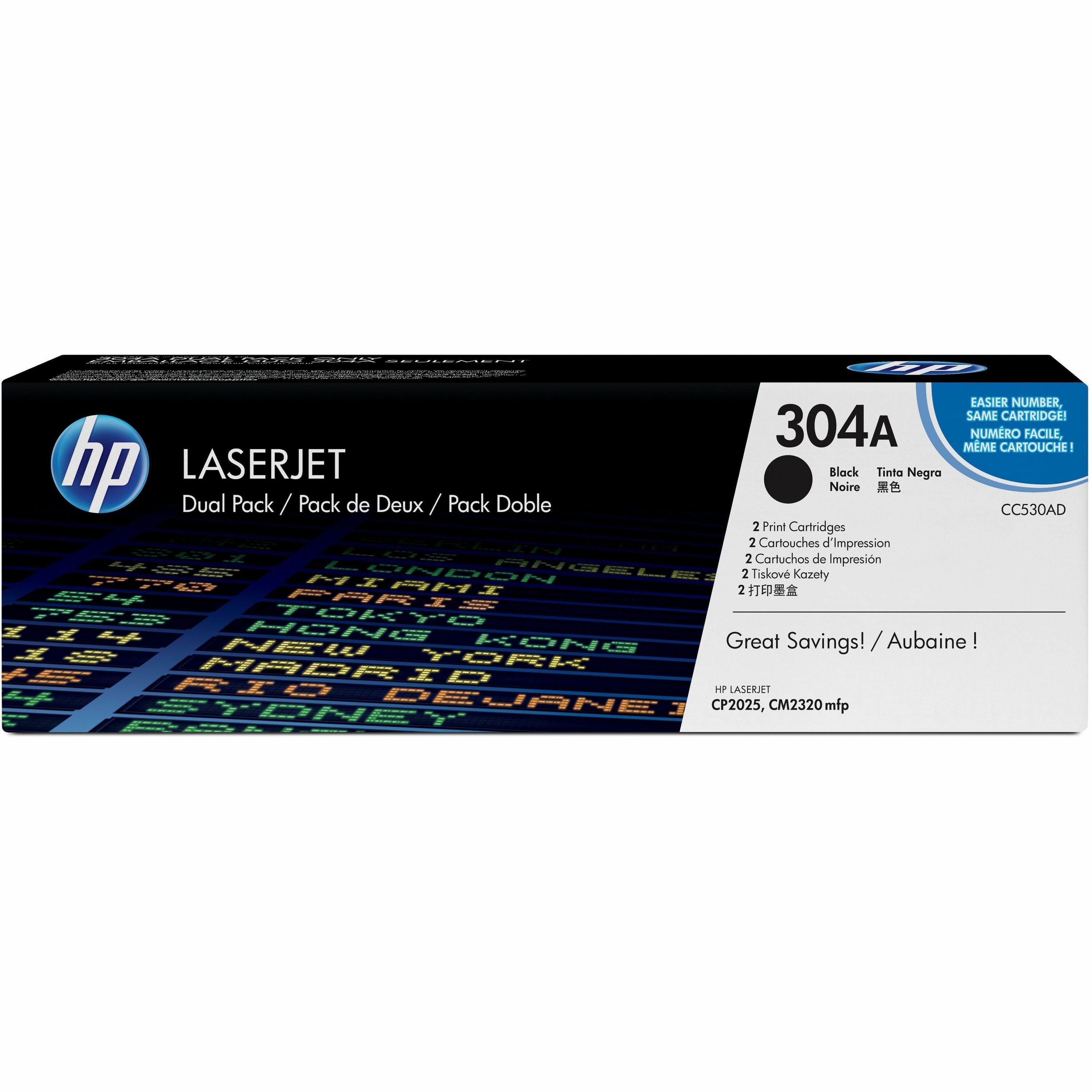 HP 304A (CC530AD) Original Toner Cartridge - Dual Pack