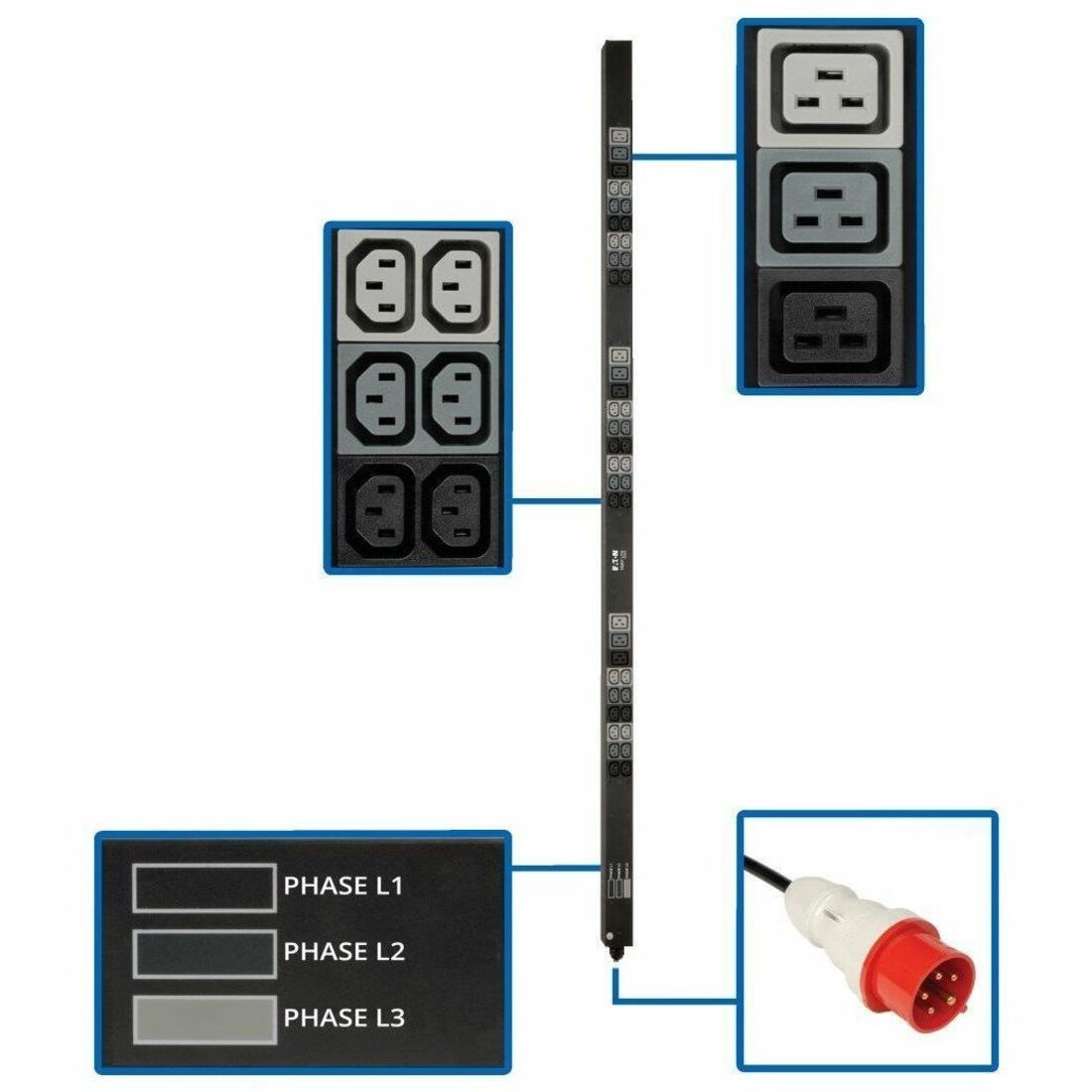 Tripp Lite by Eaton PDU 11.5kW 3-Phase Basic PDU - 45 208-240V Outlets (36 C13 9 C19) IEC 309 16/20A Red 360-415V Input 6 ft. Cord 70 in. 0U TAA