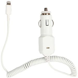 4XEM Lightning Car Charger with USB-A Port, 8-Pin Cable, 5W 1A, Coiled Cable, White