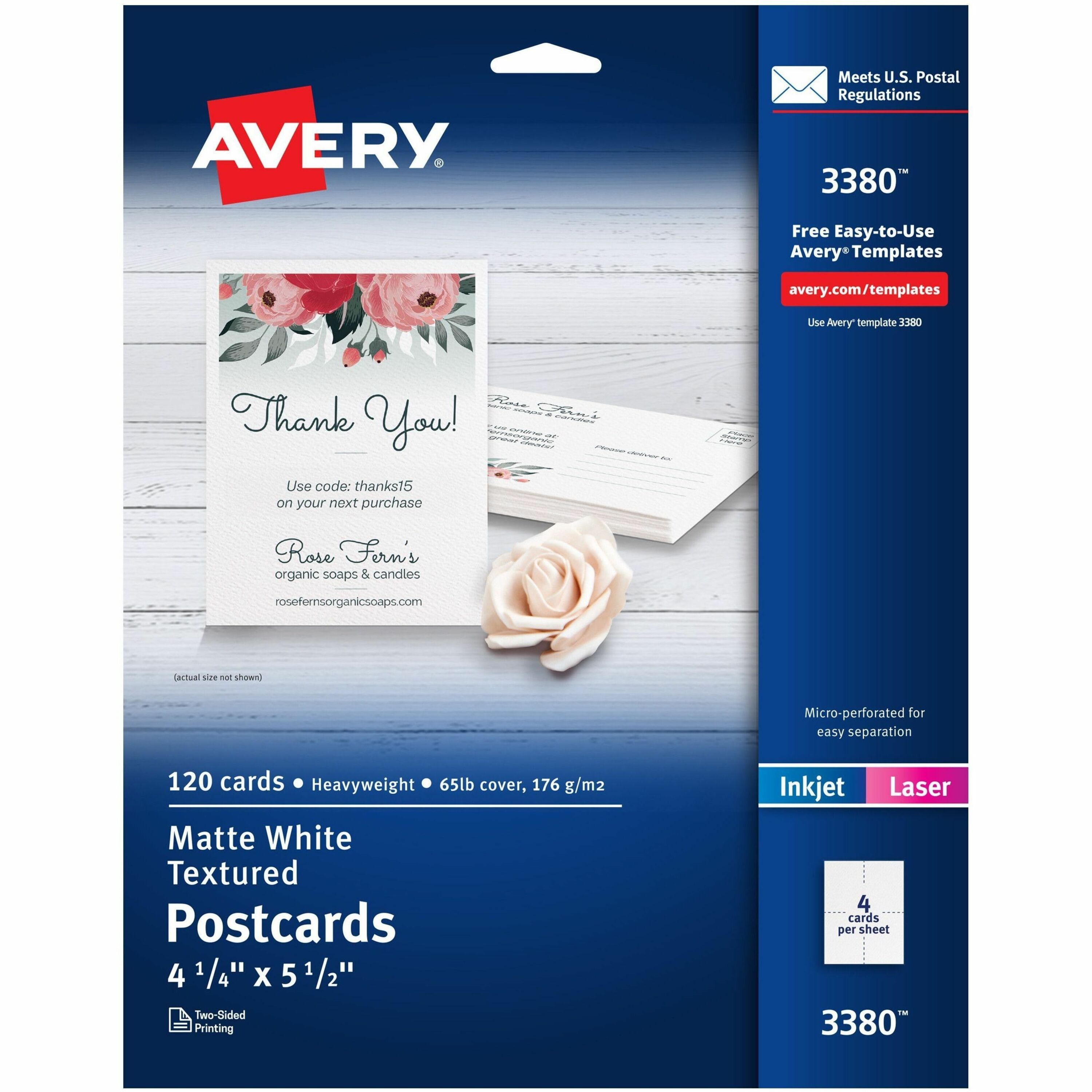 Avery(R) Printable Postcards, 4.25" x 5.5" , Textured White, 120 Blank Postcards for Inkjet and laser Printers (3380)