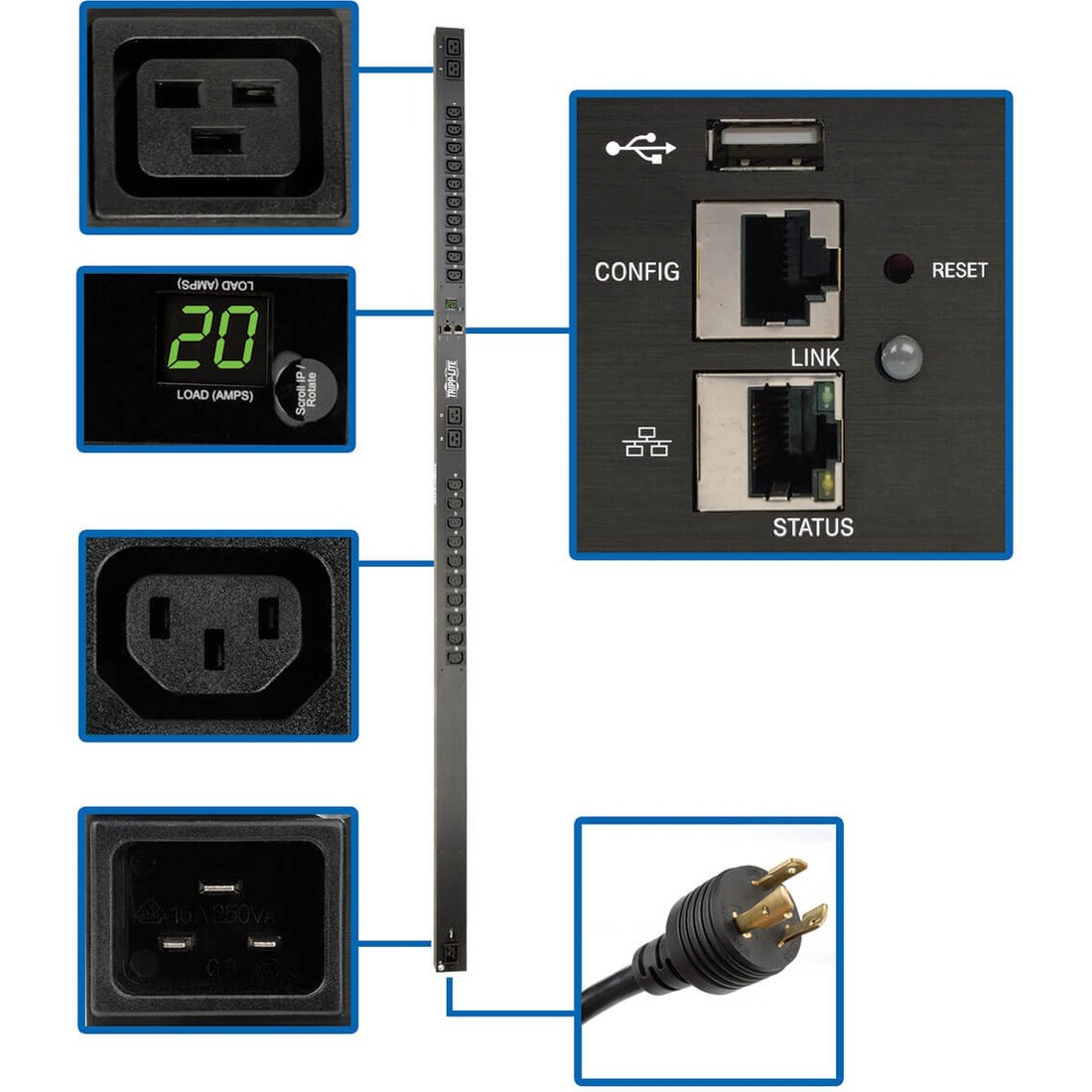Tripp Lite by Eaton PDU 3.7kW Single-Phase 208/230V Monitored PDU - LX Platform 20 C13 4 C19 Outlets C20 Input with L6-20P Adapter 0U 1778mm Height TAA
