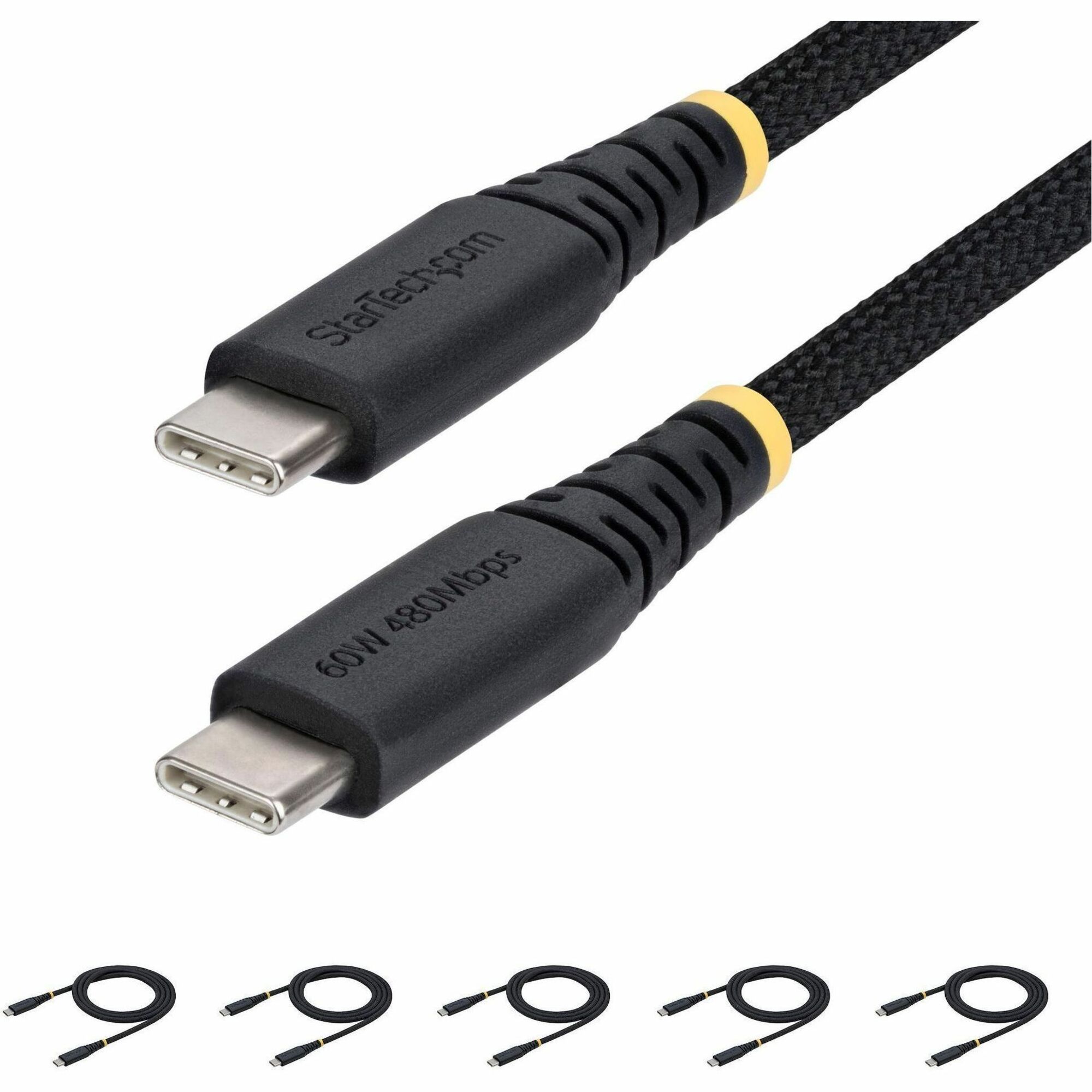 StarTech 5-Pack 3ft (91cm) USB-C Charging Cable, 60W (3A) PD, Dual-Layer Braided Nylon/TPE Jacket, Rugged USB C Charger Cord