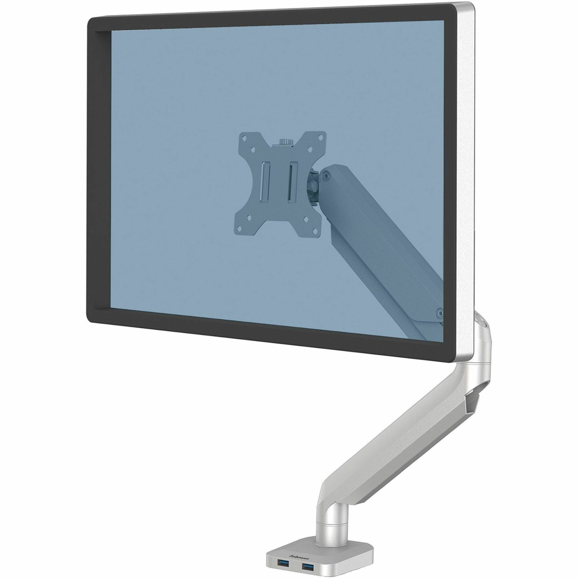Fellowes Platinum Series High Quality Single Monitor Arm for 40-Inch Monitors, Full Motion, 360&deg; Rotation, VESA Mount with Grommet or Clamp, USB Ports, Ergonomic, Silver