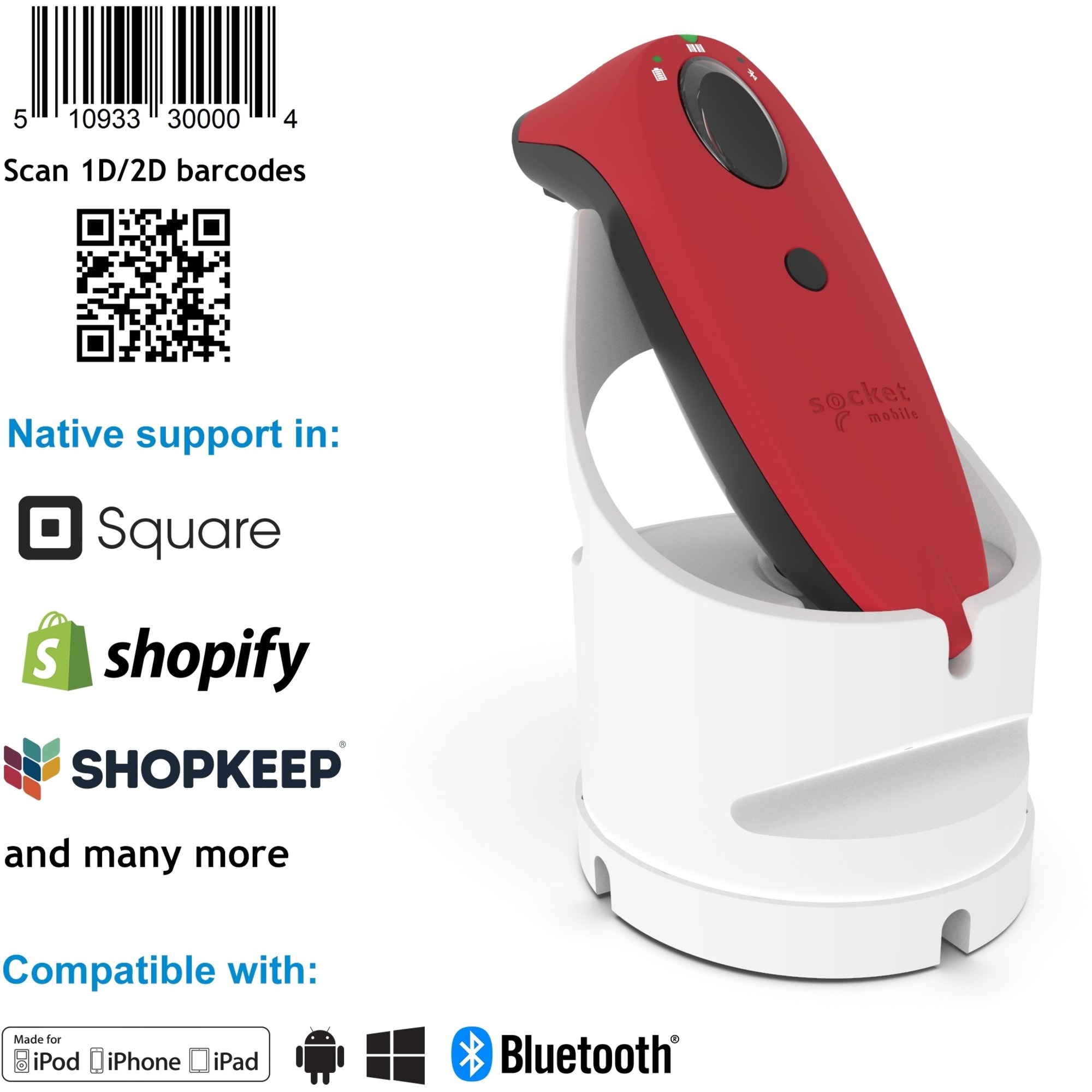 Socket Mobile SocketScan&reg; S740, Universal Barcode Scanner, Red & White Dock